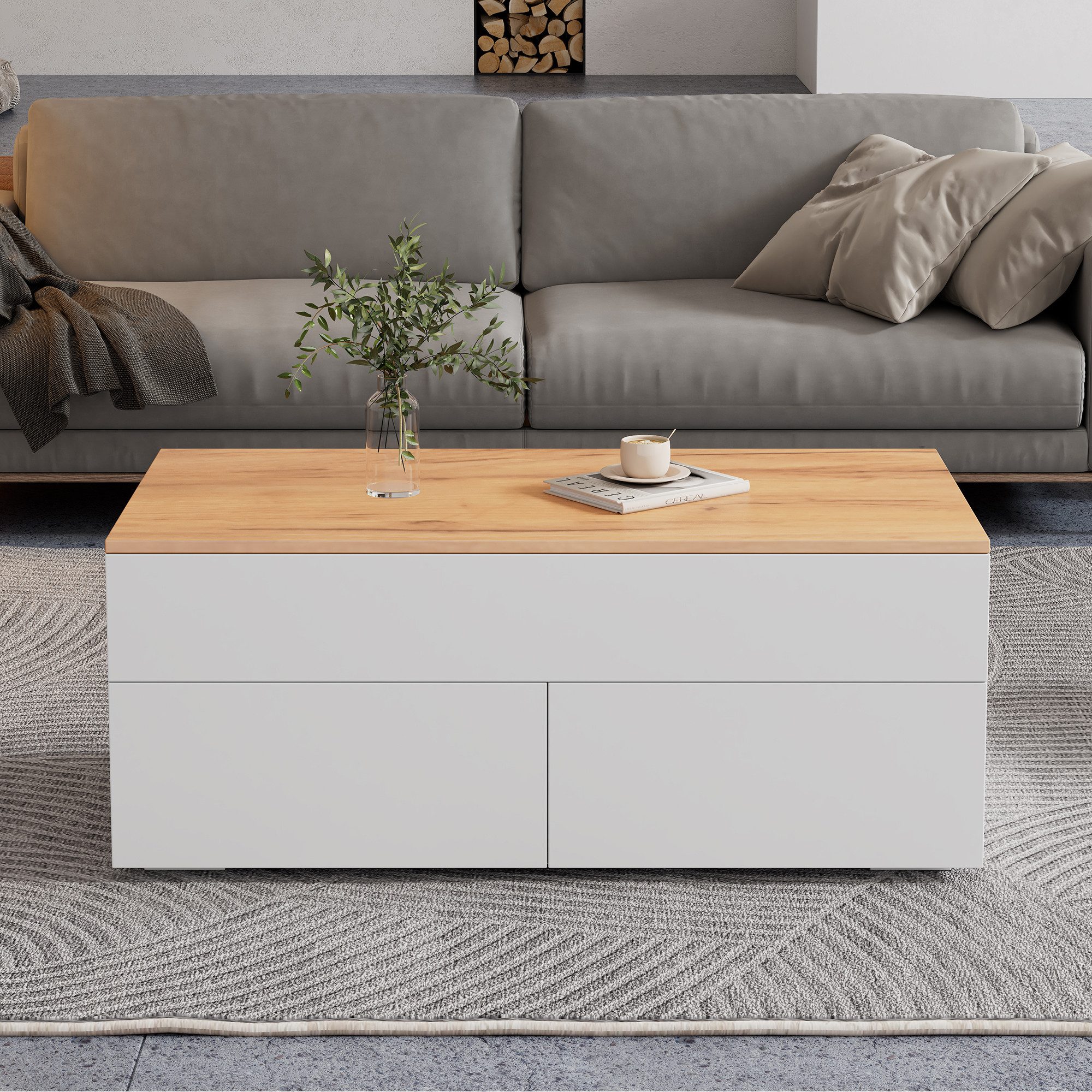 Merax Couchtisch höhenverstellbarer Wohnzimmertisch mit Anhebbarer Tischplatte (100x50x40cm, 1-St., Beistelltisch Kaffeetisch), Sofatisch mit 2 Schubladen,Verst – Bild 5 von 5