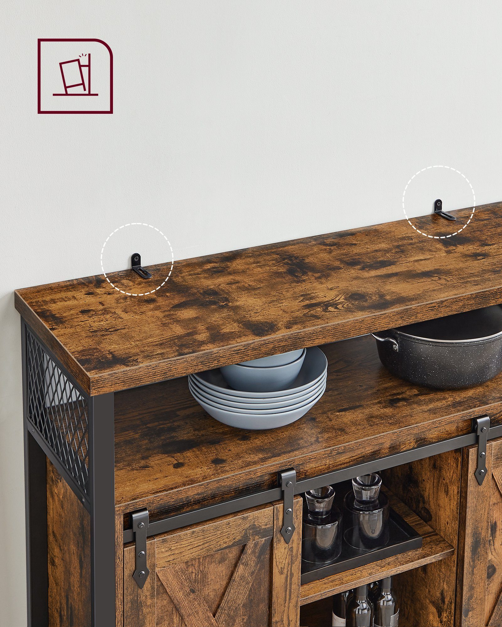 2 Vintagebraun-Schwarz Schiebetüren, Sideboard Ablagen VASAGLE Küchenschrank, mit verstellbare