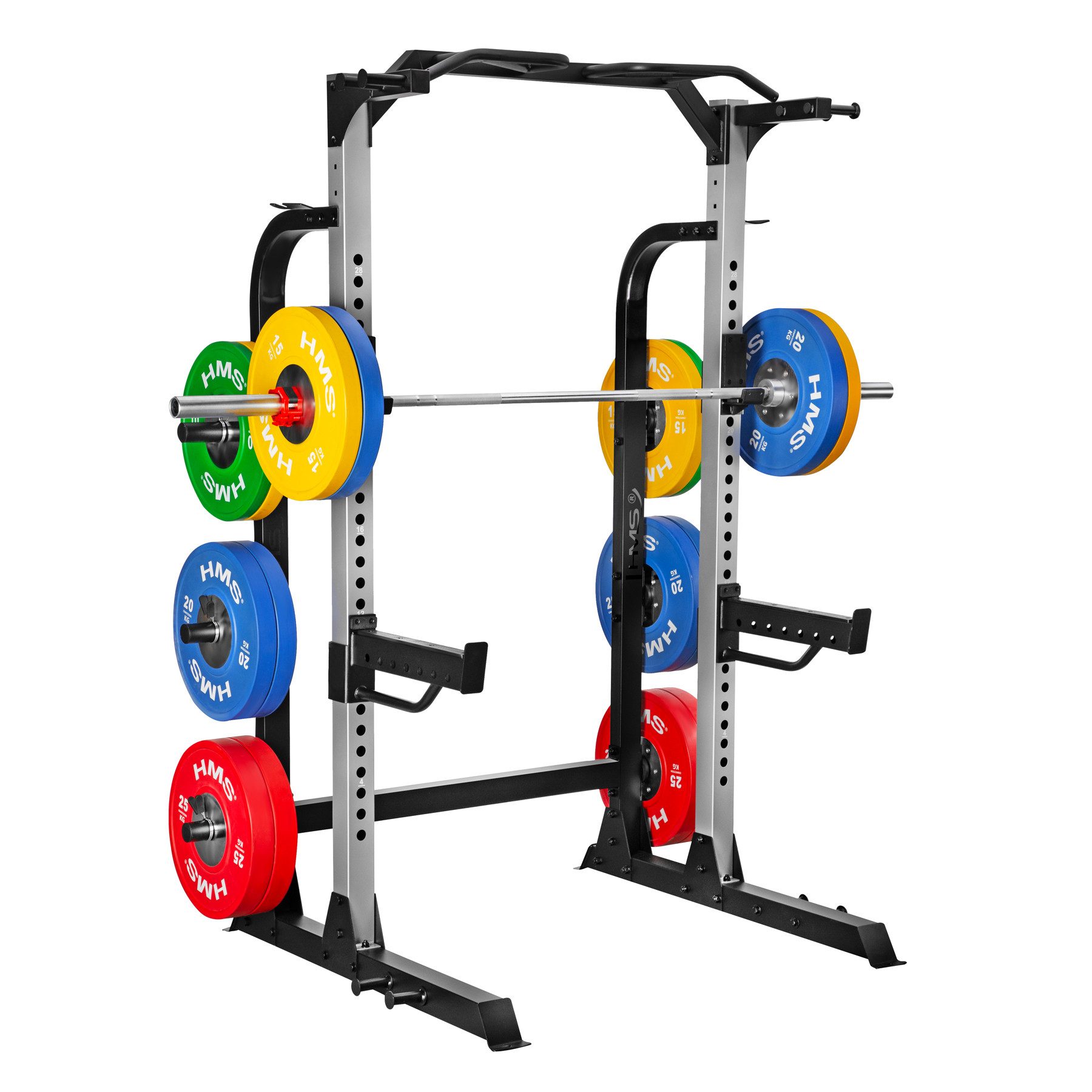 HMS Half Rack Kraftstation Trainingsrack, (Spar-Set, 1-tlg., 223 x 164 cm stabil), Stahlkonstruktion, J-Hooks, Klimmzugstange, Bandhalter