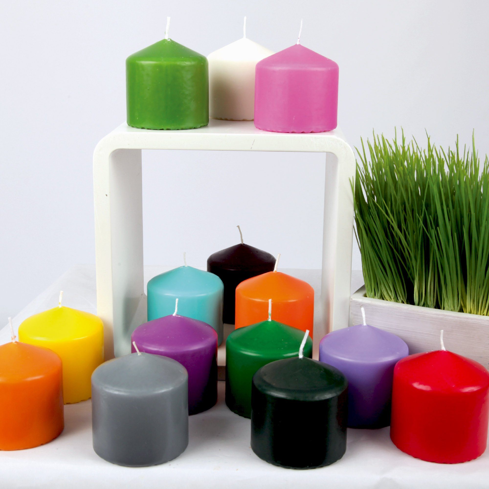 Candle Kerze 8cm Blockkerze Farben Wachskerzen (3-tlg), in - HS Ø8cm Stumpenkerze vielen Grau x