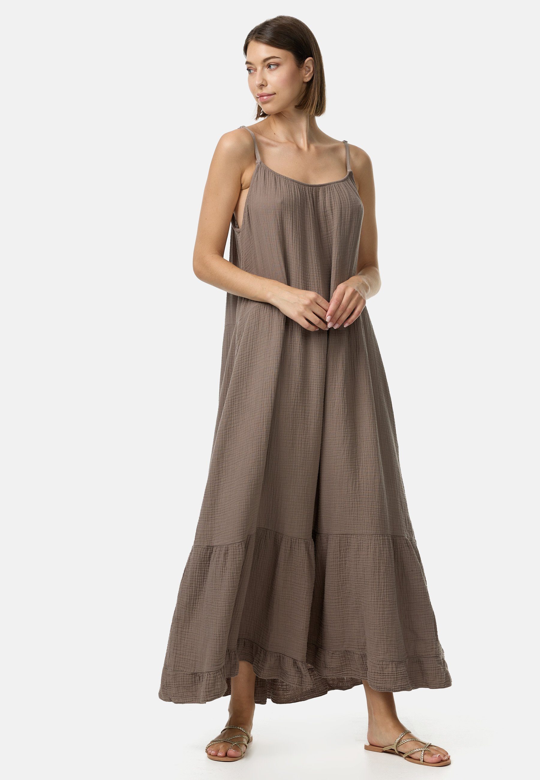 Rayshyne Maxikleid PM48 (Romantisches Maxikleid aus Musselin mit Spaghettiträgern) mit Rüschen, Atmungsaktiv, Hautfreundlich