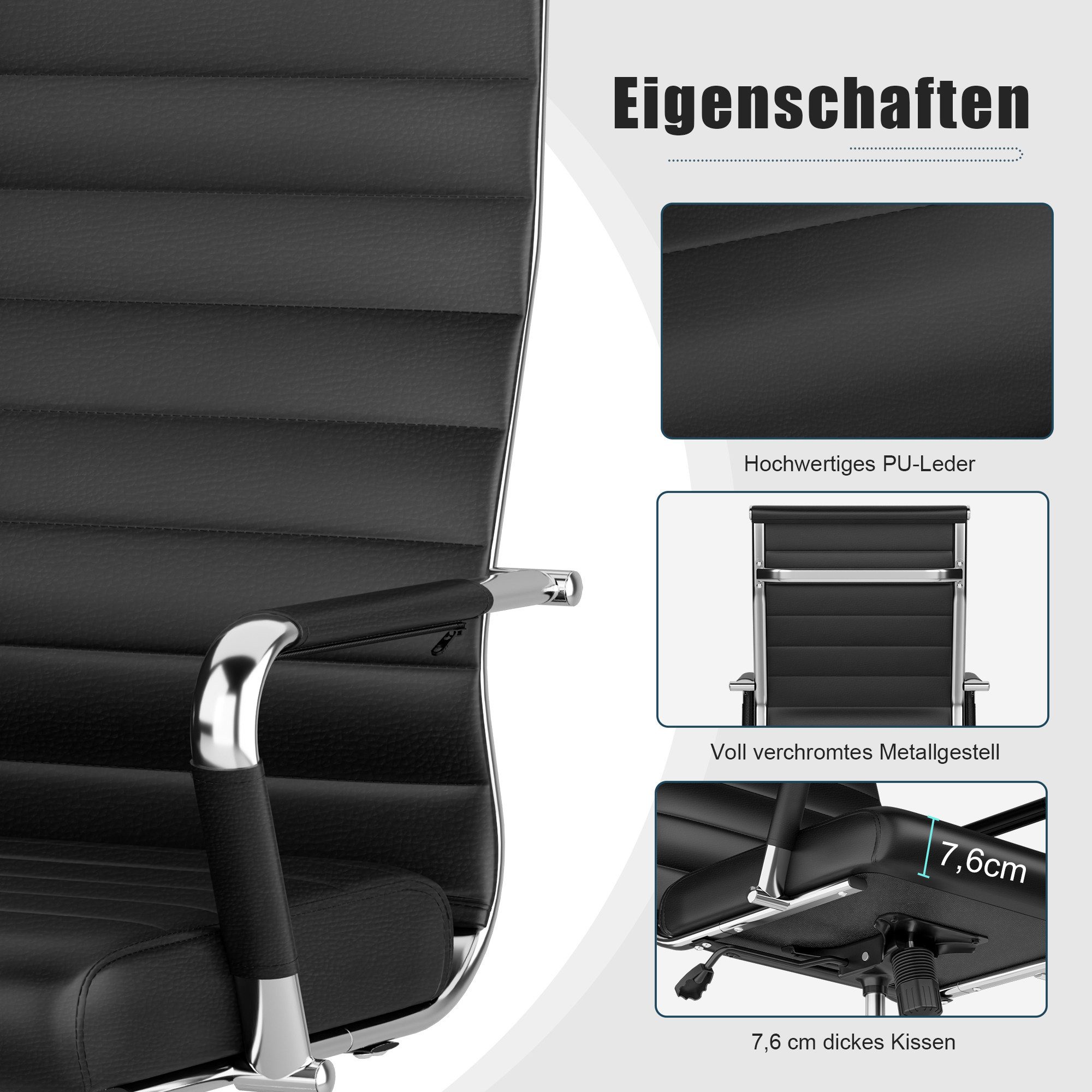 UEV Stuhl Schreibtischstuhl ergonomisch, Drehstuhl mit Rollen (Bis 150kg, Konferenzstühle, Büro-Gästestuhl), Höhenverstellbar,Wippfunktion,Metallrahmen,Gepolste – Bild 5 von 5