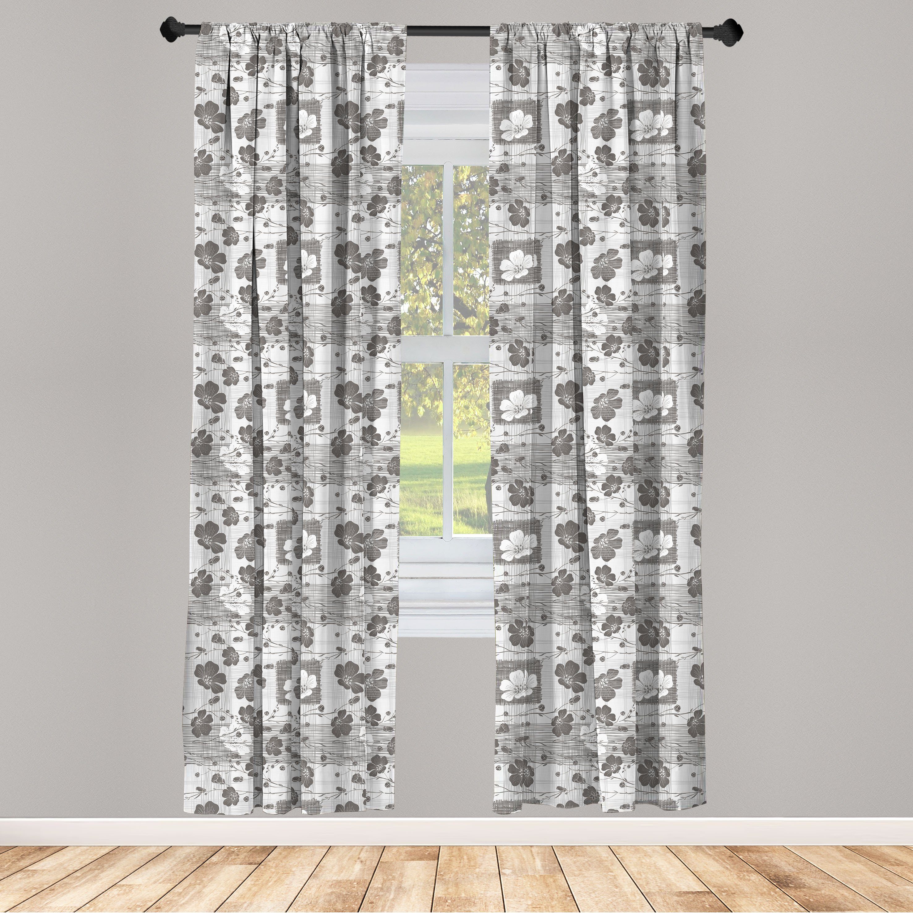 Gardine Vorhang für Wohnzimmer Schlafzimmer Dekor, Abakuhaus, Microfaser, Grau und Weiß Blütenstand