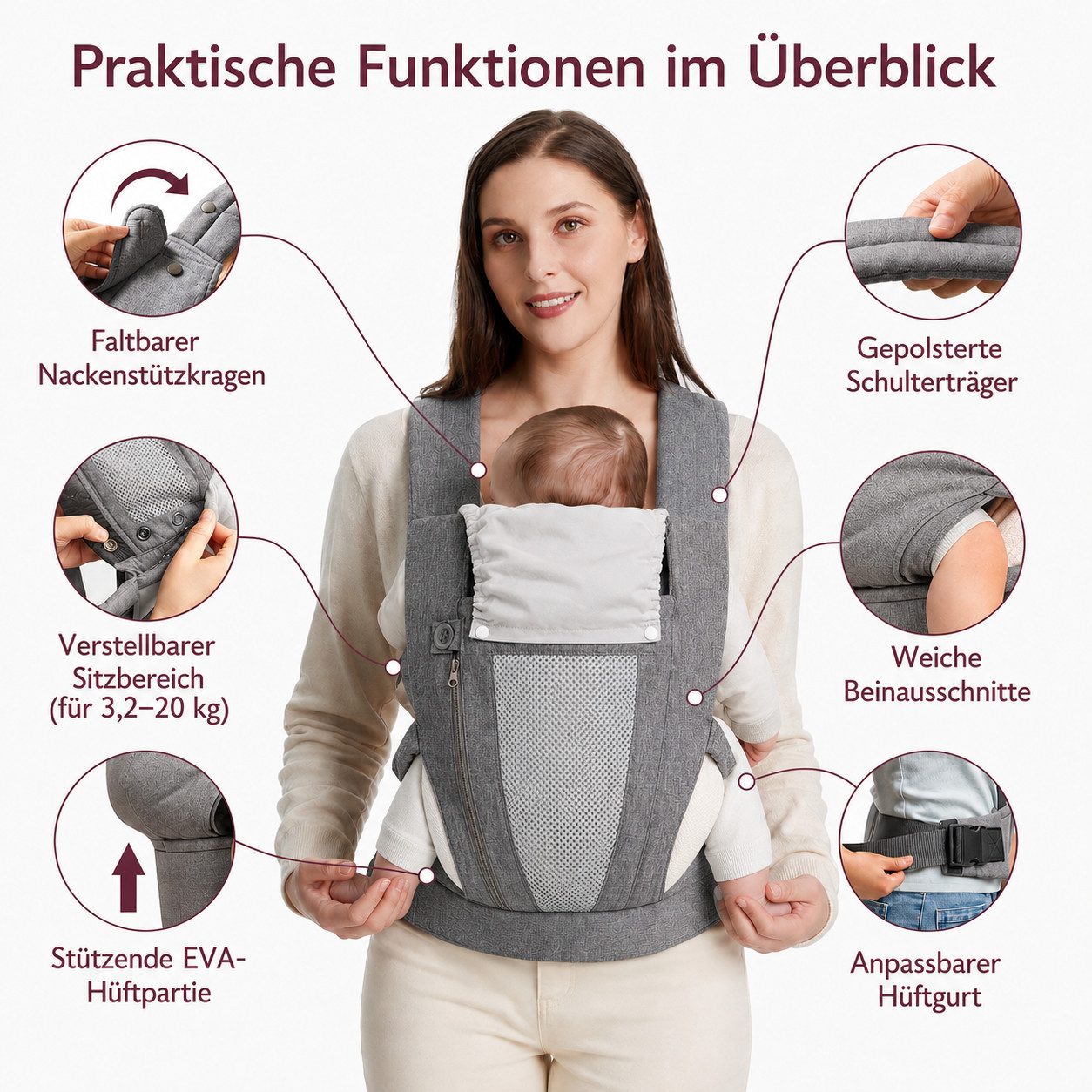 ibettertec Babytrage Neugeborene ab Geburt, Kleinkindtrage aus 100% Baumwolle (Ergobaby Babytrage mit Ein-Klick-Schnalle, ergonomische M-Position, X-Rücken, für – Bild 5 von 5