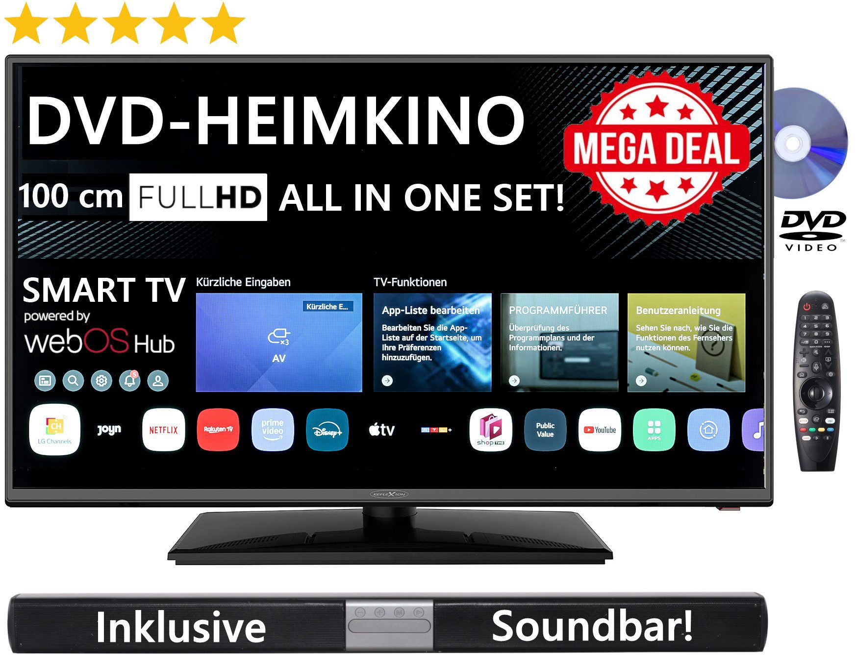 Reflexion LDDW40IBT LED-Fernseher (100 cm/40 Zoll, Full HD, Smart-TV, powered by webOS Hub (LG), DC IN 12 Volt / 24 Volt, Netzteil 230 Volt, integrierter DVD-Player)
