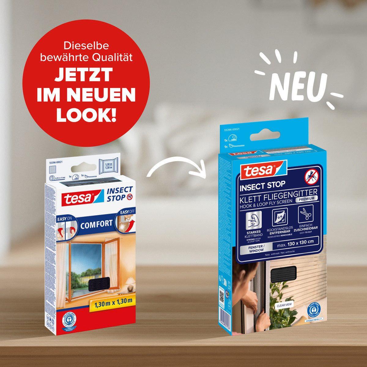 tesa Fliegengitter-Gewebe Premium für Fenster, Insektenschutz mit Klettband, (Packung, 1-St., Fliegennetz, Klettband, Andrück und Schneidehilfe), selbstklebende Insektenschutz - 130 cm x 130 cm