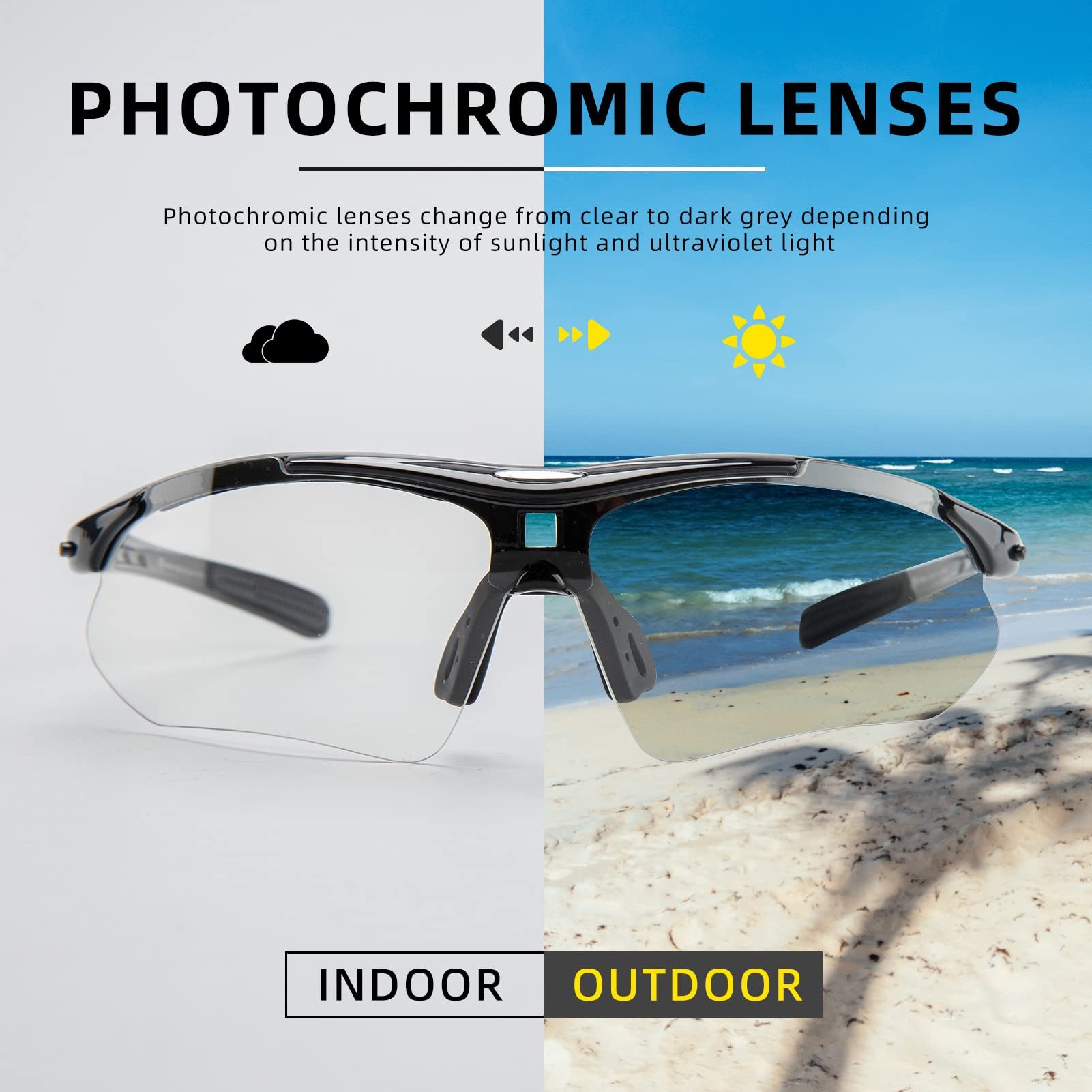 ROCKBROS Fahrradbrille Photochromatische Sportbrille, UV-400 geeignet für Outdoor-Sportarten, Ultra photochromic lenses