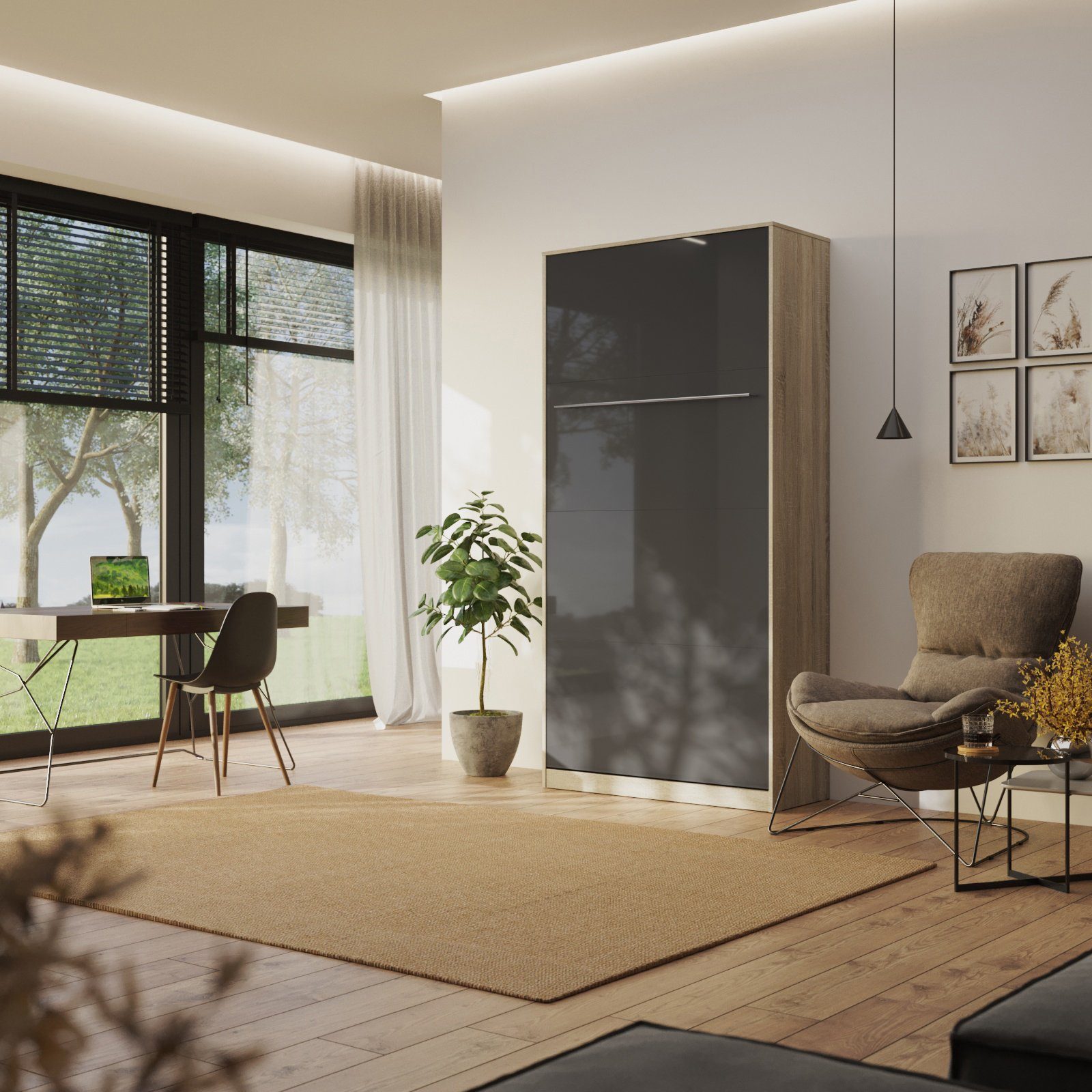 SMARTBett Schrankbett Standard 90/120/140/ 160x200 cm Eiche Sonoma / Anthrazit Hochglanz Vertikal/ Hochkant, Gasdruckfedern, Ablagefläche im Korpus