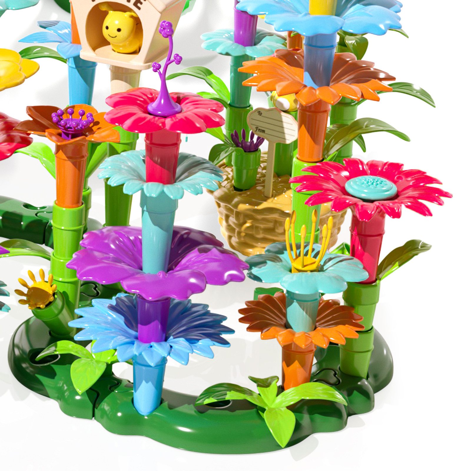 TEMI Blumen Stapelspielzeug, Blumengarten Spielsteine Spielbausteine, (Set, 138 St., Blumen Spielbausteine mit Aufbewahrungsbox), Blumen Bauspielzeug, Lernspielzeug für Mädchen Jungen ab 3 Jahren