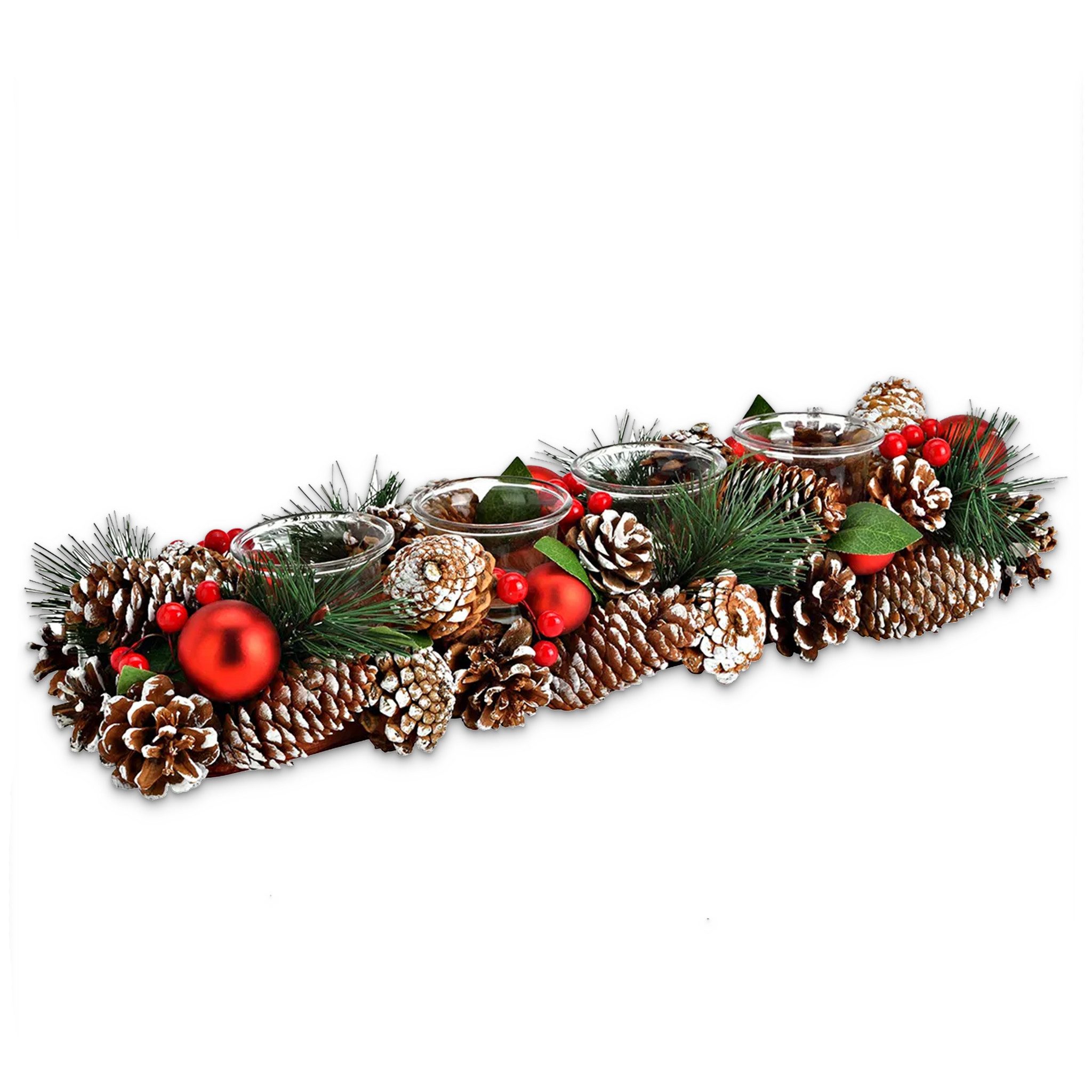 matches21 HOME & HOBBY Adventskranz Holz-Deko Adventsgesteck 40 cm Teelicht-Halter braun rot, Weihnachtsdeko Teelichthalter als längliche Tisch Kerzen-Deko