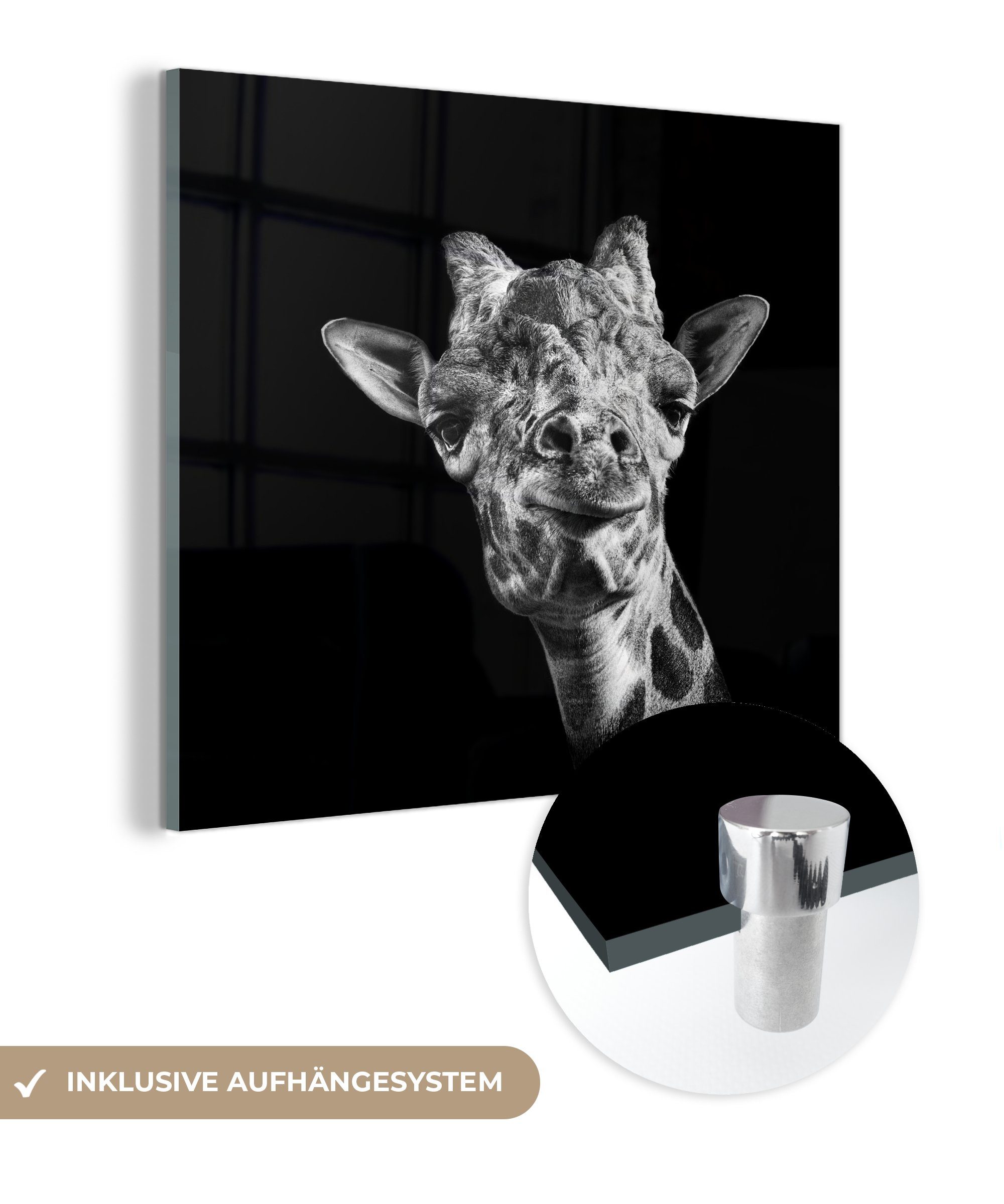 MuchoWow Acrylglasbild Giraffe vor schwarzem Hintergrund in schwarz und weiß, (1 St), Glasbilder - Bilder auf Glas Wandbild - Foto auf Glas - Wanddekoration