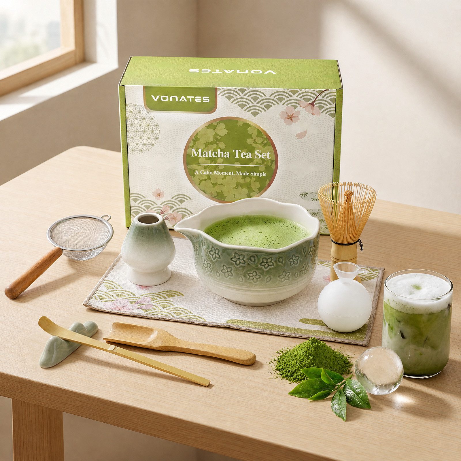 VONATES Teeservice 9tlg. Matcha Set mit Matcha-Schale, Bambus-Besener & Halter, Sieb, Löffel, Tuch, Eisform, aus Bambus und Keramik für Teezeremonie