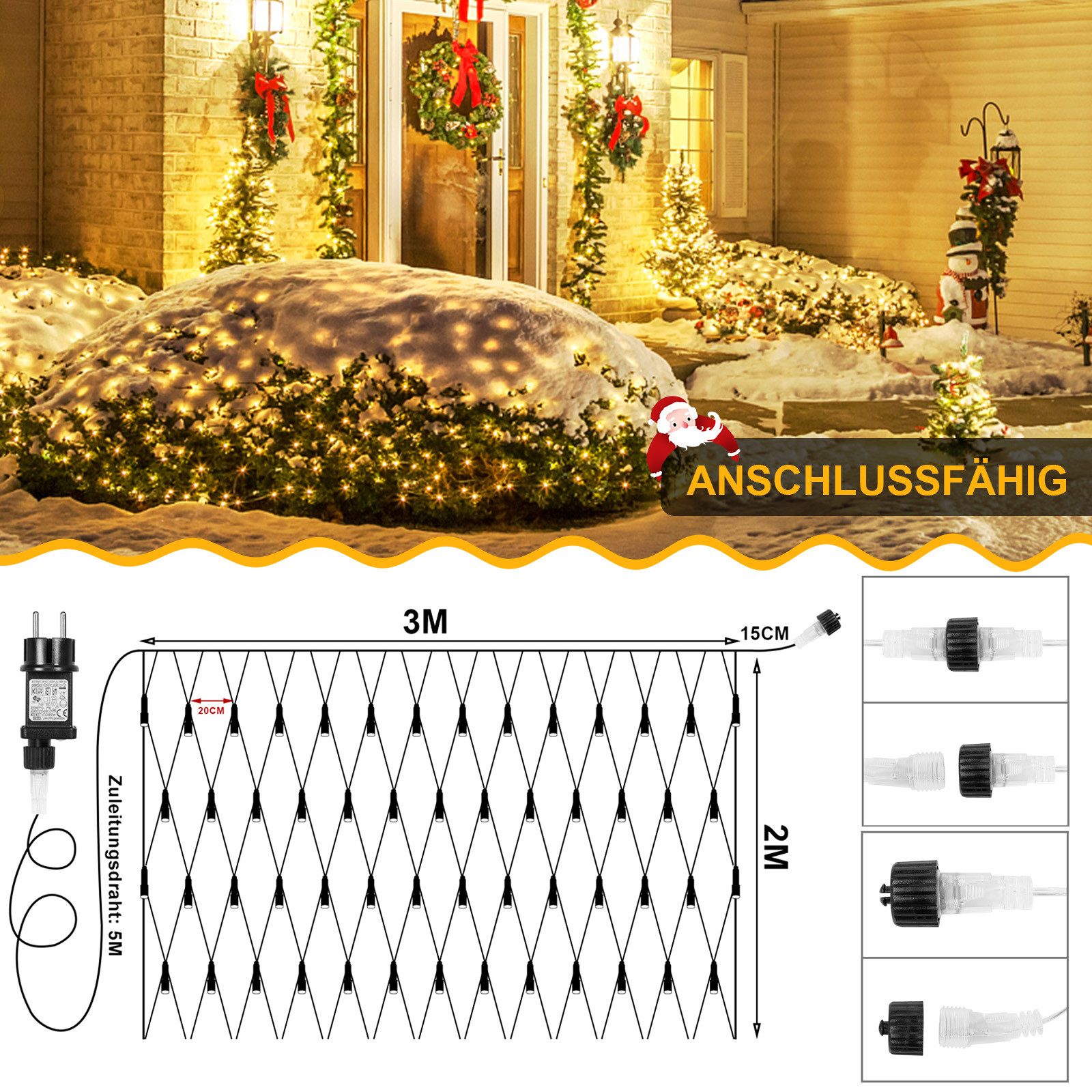Rosnek LED-Lichternetz 31V, 8 Modi, Lichterkette Außen, Timer, für Weihnachtsfeier Deko, 2x3M/4x6M; Speicherfunktion