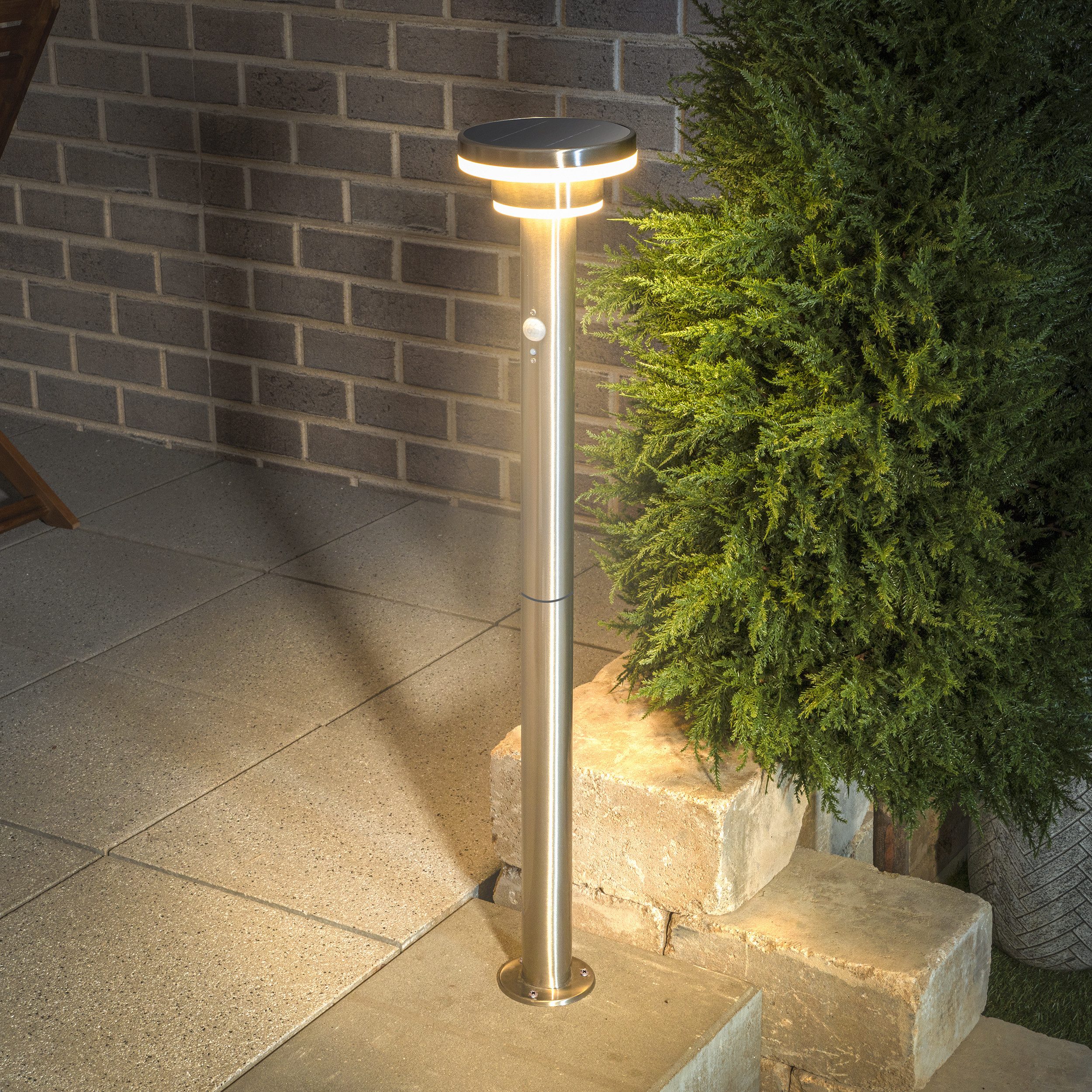esotec LED Solarleuchte Edelstahl PIR-Standleuchte Modena H86cm 3 Modi 36 LEDs 3000K 102755, LED fest integriert