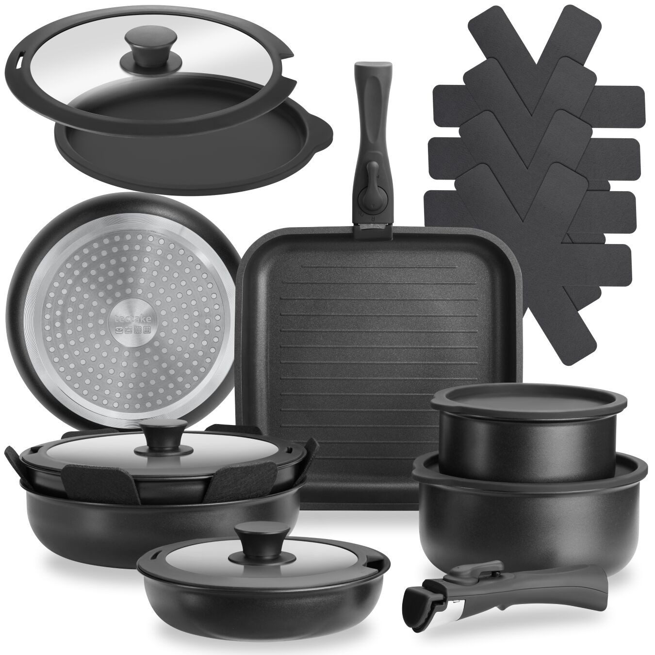 tectake Topf-Set Kochtopfset 17-teilig, Ofenfest bis 175°C, mit 5 Topfschonern, Aluminium (Kochgeschirrset Parma, 17-tlg., in schwarz), für Induktion geeignet, Antihaftbeschichtung, spülmaschinengeeignet