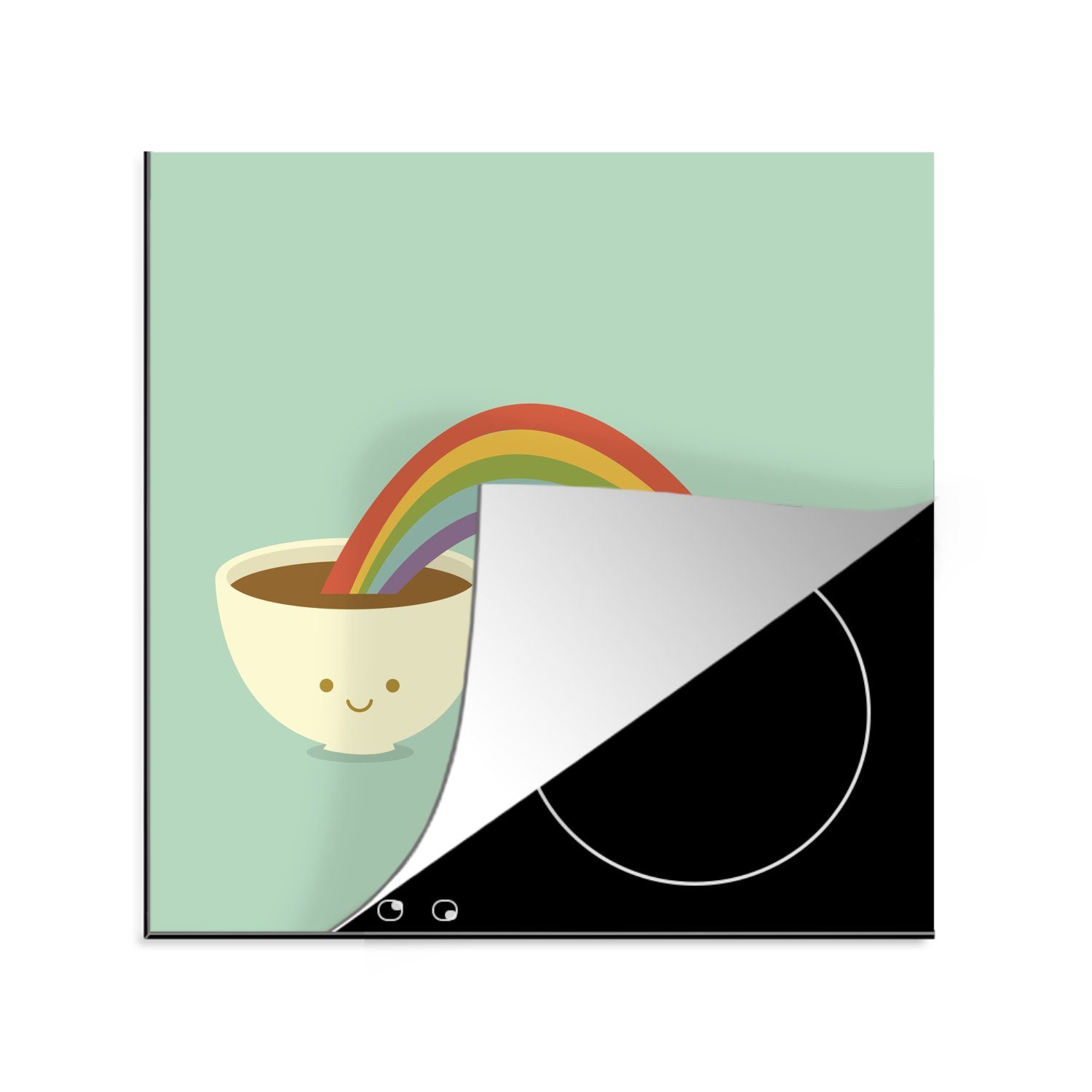 MuchoWow Herdblende-/Abdeckplatte Eine Illustration eines Regenbogens über zwei Tassen Kaffee, Vinyl, (1 tlg), 78x78 cm, Ceranfeldabdeckung, Arbeitsplatte für küche