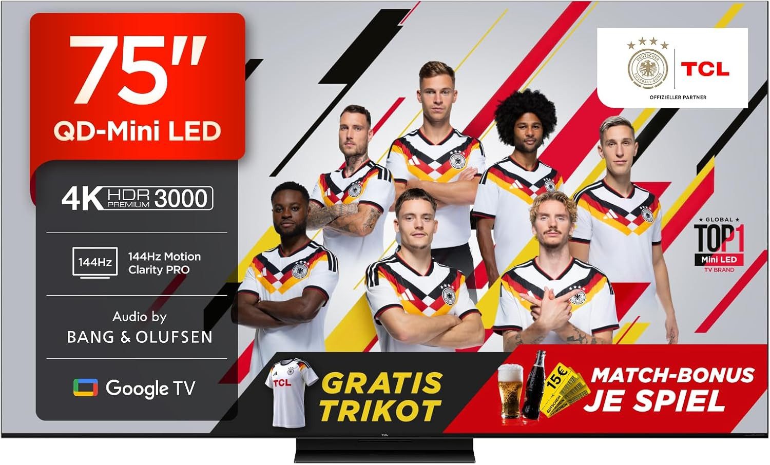 TCL 75Q7CX1 Mini-LED-Fernseher (189 cm/75 Zoll, 4K Ultra HD, Smart-TV, Google TV, Audio von Bang & Olufsen, Dolby Vision, Smart TV, Apple TV, 4K HDR)