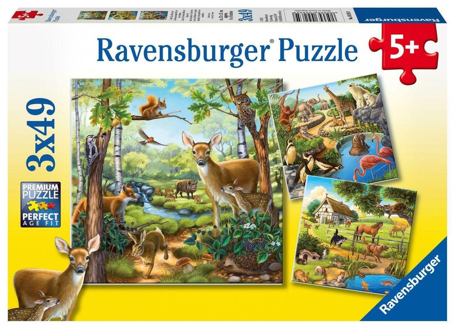 Ravensburger Puzzle Wald-/Zoo-/Haustiere. Puzzle 3 X 49 Teile, 49 Puzzleteile