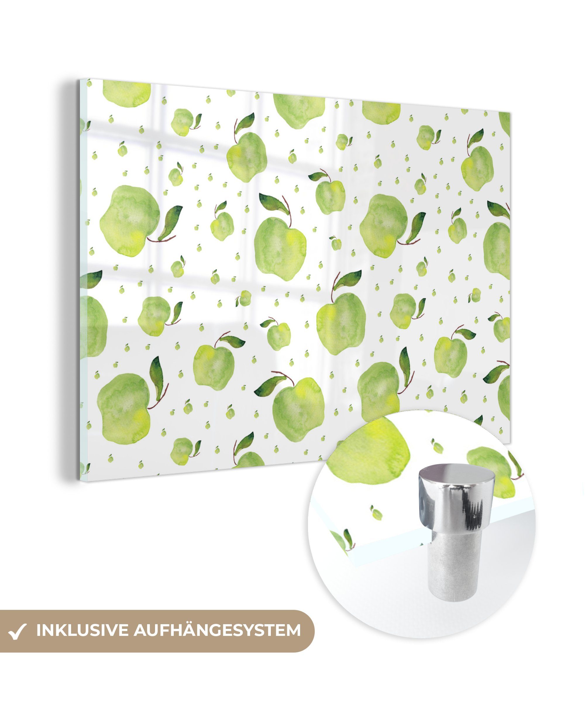 Foto Wanddekoration Wandbild Äpfel - - (1 - Grün - Glas MuchoWow Glasbilder Glas Acrylglasbild St), auf Muster, - Bilder auf