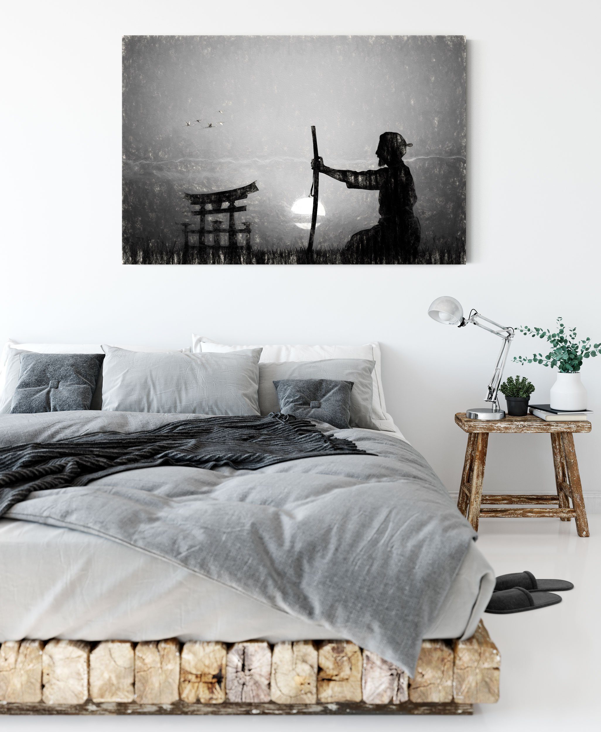inkl. Pixxprint vor Samurai-Meister Leinwandbild St), Samurai-Meister vor Zackenaufhänger bespannt, (1 Horizont fertig Horizont, Leinwandbild