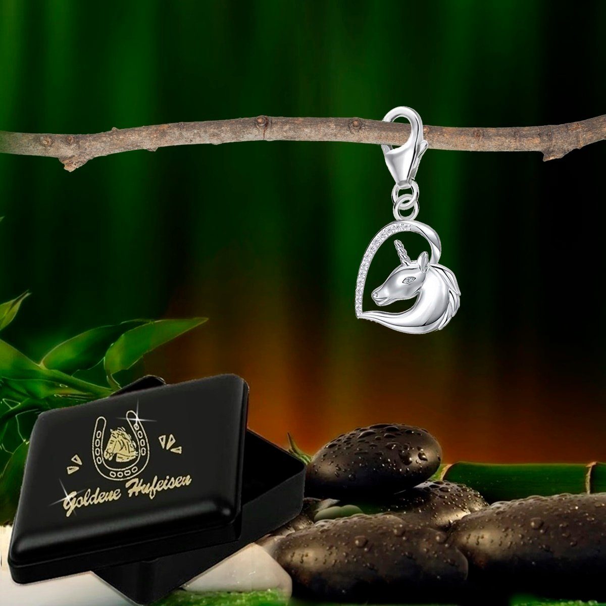 Goldene Hufeisen Charm Herz Pferd Herz Einhorn Karabiner Charm Anhänger 925 Silber mit Zirkonia, Rhodiniert