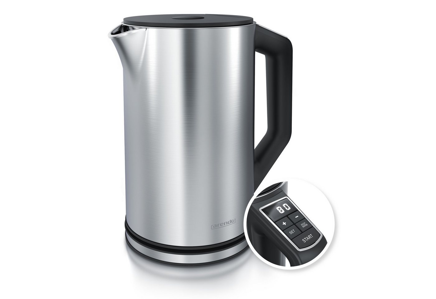 Arendo Wasserkocher Doppelwand, Edelstahl, Temperatureinstellung 40°–100°C mit Anzeige, 1,5 l, 2200 W, in 5 °C-Schritten einstellbar, Teekocher mit Temperaturanzeige