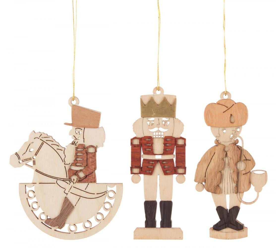 Erzgebirge Weihnachtsmotiven Räuchermann, mit Nussknacker, Faden Dregeno und Reiterlein Baumbehang aufhängen (6) zum Christbaumschmuck NEU, H=8cm