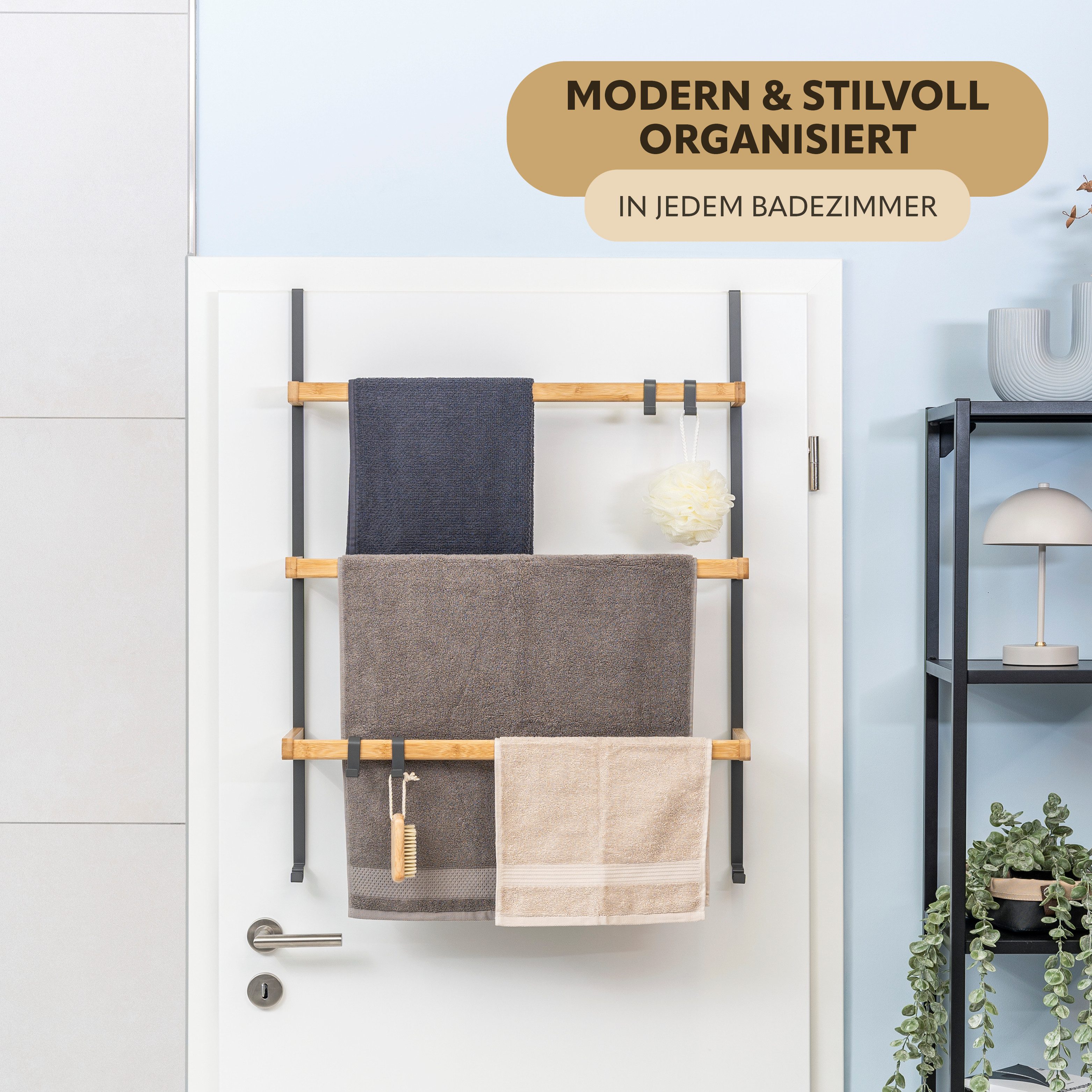 eluno Türregal Tür-Hängeregal aus Metall und Bambus, 3 Handtuchstangen günstig online kaufen