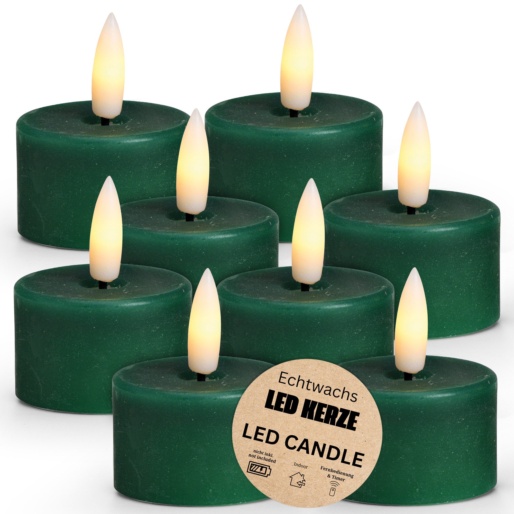 matches21 HOME & HOBBY LED-Kerze LED Teelichter 8er Set Wachs, Elektrische flackernde Kerze, Grün (8-tlg), Echtwachskerze praktisch mit Timerfunktion