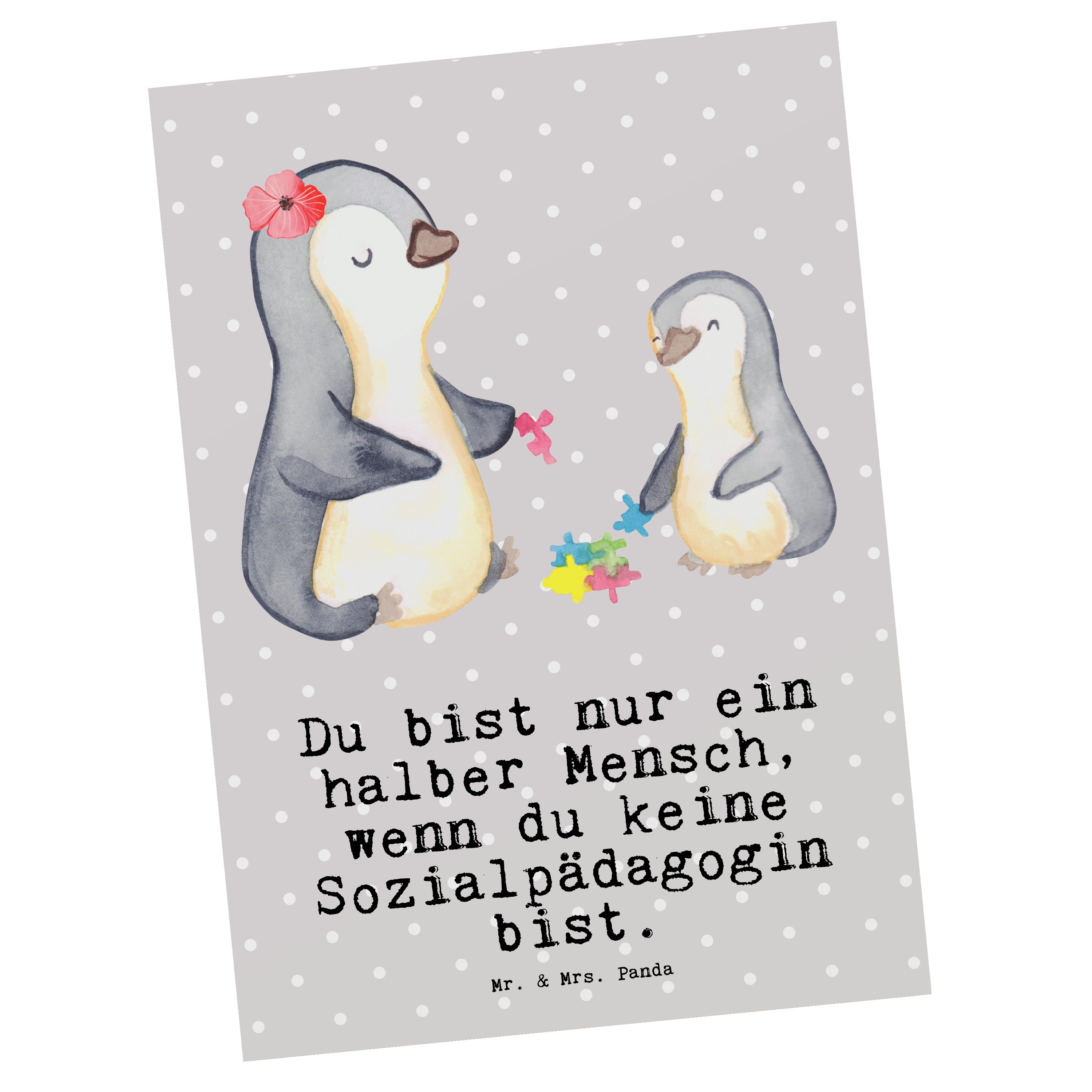 Mr. & Mrs. Panda Postkarte Sozialpädagogin mit Herz - Grau Pastell - Geschenk, Einladungskarte