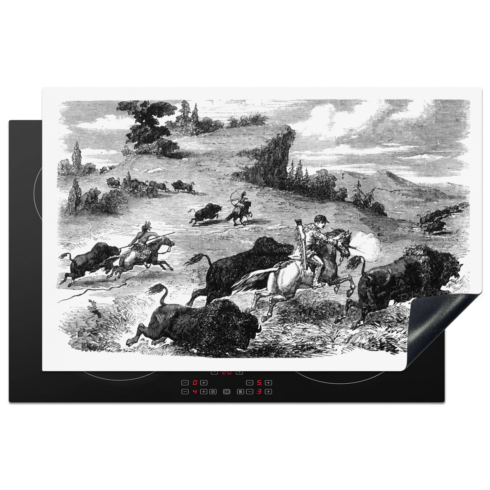 Herdblende-/Abdeckplatte (1 küche, MuchoWow Induktionskochfeld Illustration der die Ceranfeldabdeckung Eine Vinyl, für Bisonjagd, Schutz 81x52 cm, tlg),