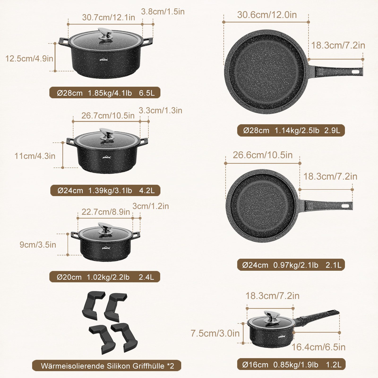 HOMELUX Topf-Set 10-TLG Topfset Induktion Stapelbar für alle Herdarten,Ofenfest,Schwarz, Aluminium (Set, 10-tlg., Topfset/Pfannensets), induktionsgeeignet