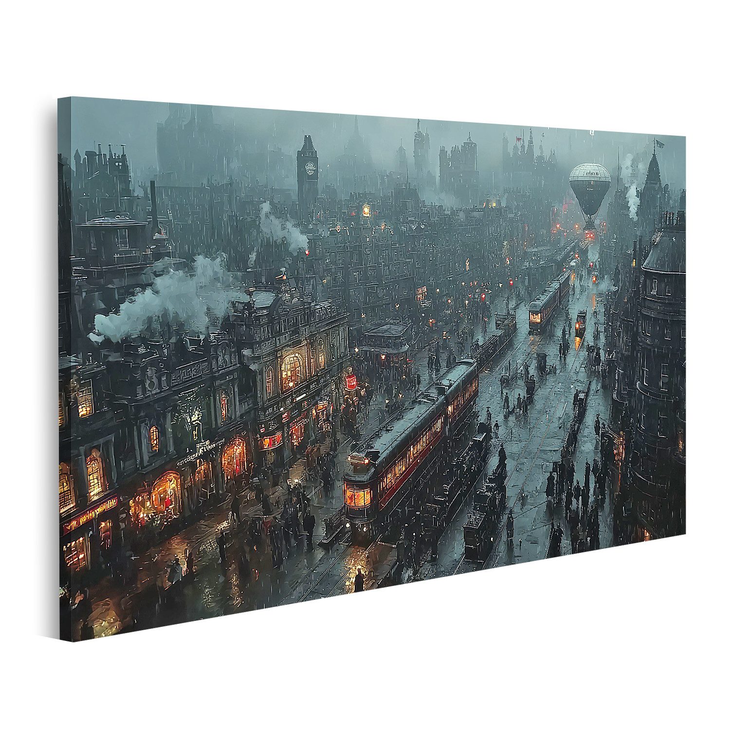 islandburner Leinwandbild Regnerische Nacht in der viktorianischen Stadt mit Luftschiff 1