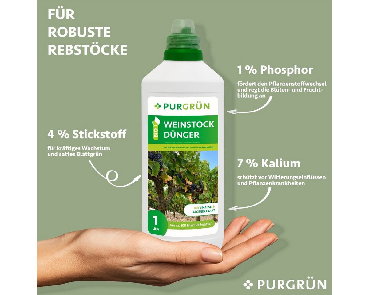 Thumbnail - Purgrün Obstdünger Purgrün Bio Weinstock Dünger, NPK 4+1+7, Algenextrakt, 1 Liter, Flüssigdünger, extra Kalium für gesun...