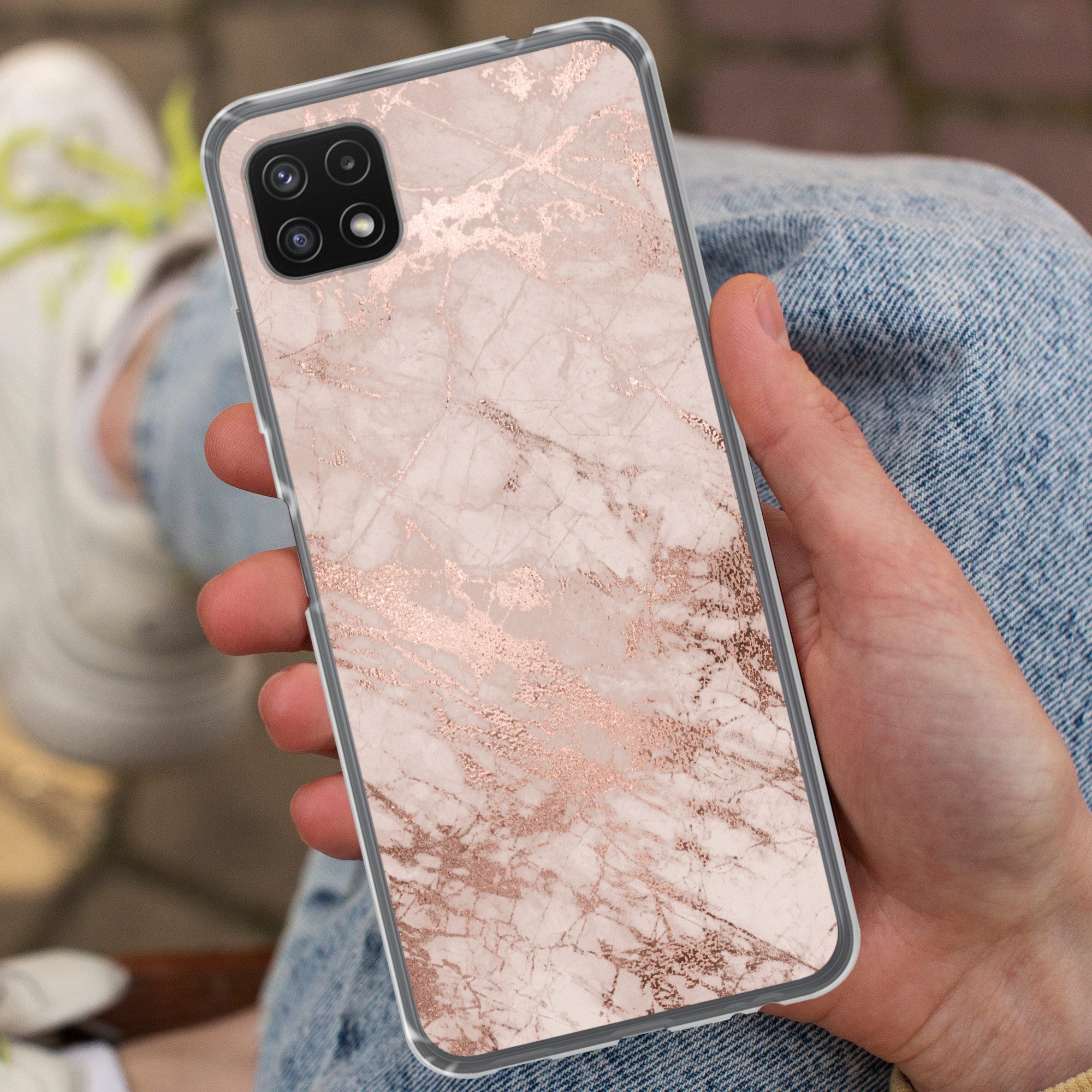 MuchoWow Handyhülle für Samsung Galaxy A22 5G Marmor - Rosa - Luxus - Marmoroptik - Glitze, Smartphone-Bumper, Print, Handy Schutzhülle Dünn