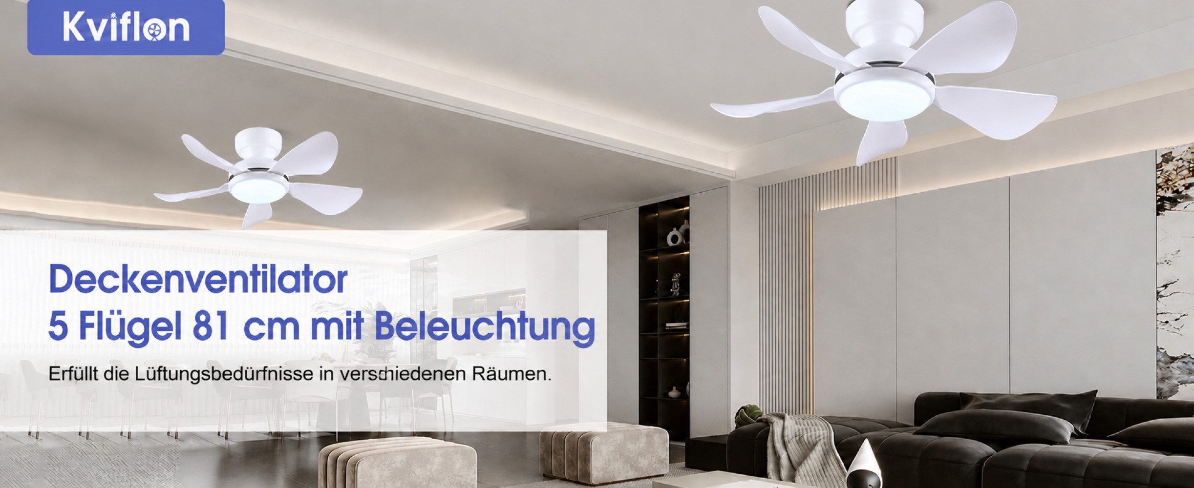 Surtime Deckenventilator mit LED-Beleuchtung, leiser Kompaktventilator, 5 Flügel, ⌀ 81 cm, 6 Geschwindigkeiten, inkl. Fernbedienung