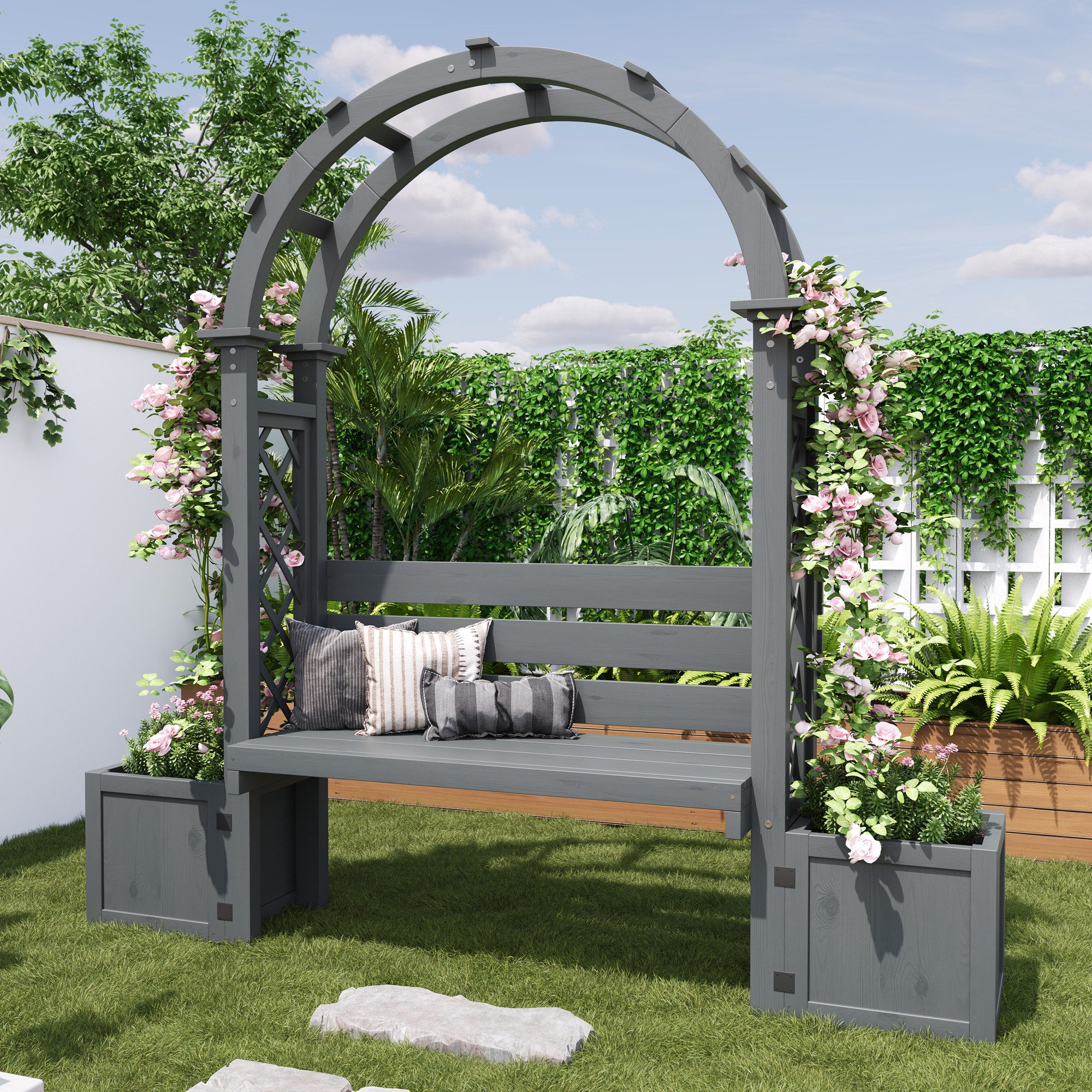 STILVORA Pflanzkübel Pflanzgefäß mit Spalier als Rankhilfe Blumenkübel mit viel Platz Grau (bogenförmige Pergola-Bank aus sorgfältig ausgewähltem, Flexible Pflanz- und Aufbewahrungsmöglichkeiten), für Garten Hof Terrasse