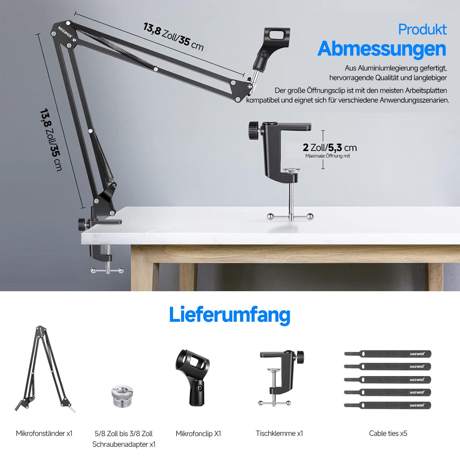 Neewer Mikrofon-Halterung NW-35A Mikrofonarmständer Universal, Hängendes Mikrofonstativ, (bis 1,2 Zoll, Packung, mit 3/8" bis 5/8" Schraube, für Yeti Snowball Quadcast Mikrofonen)