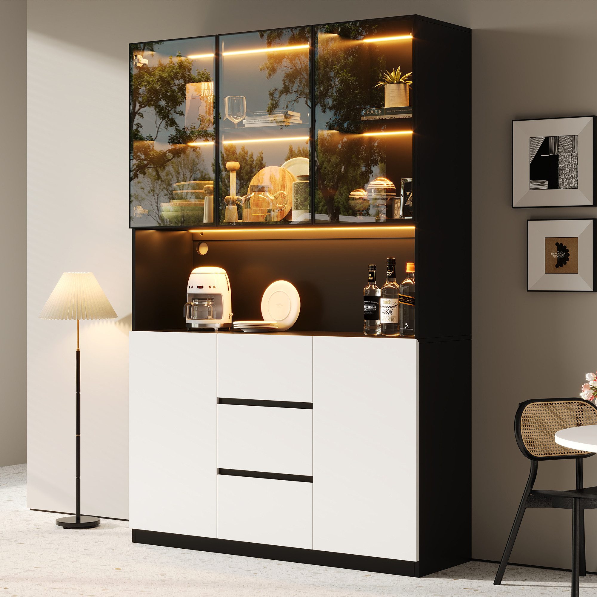Merax Glasvitrine Küchenschrank mit LED, 3 Glastür, 2 Holztür, (1-St., Offene Regale, 3 Schubladen) Sideboard für Wohnzimmer und Esszimmer, Schwarz+Weiß