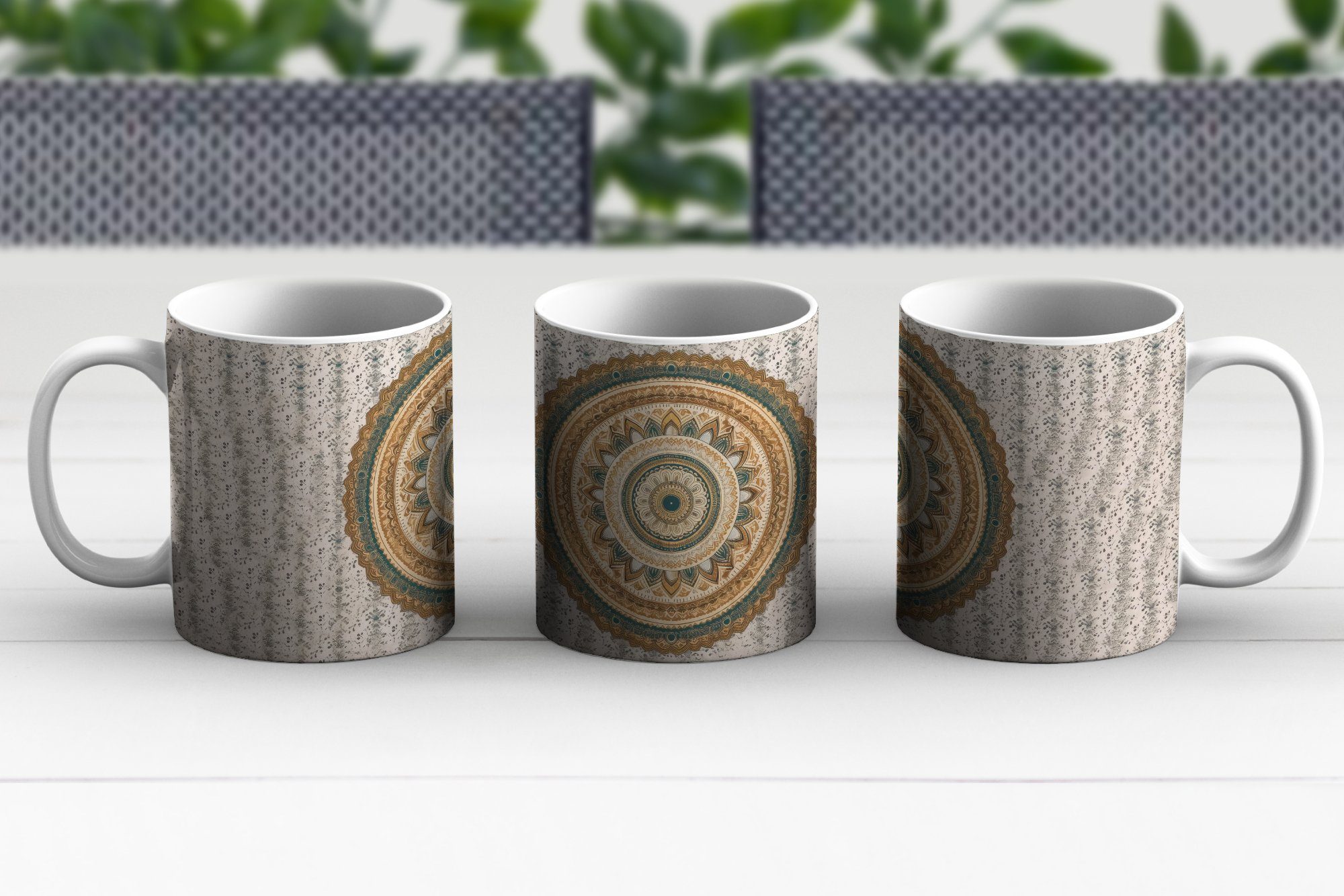 Kaffeetassen, Geschenk - Vintage MuchoWow Mandala Becher, Teetasse, Keramik, - Hippie, Teetasse, Braun - Blumen Tasse -