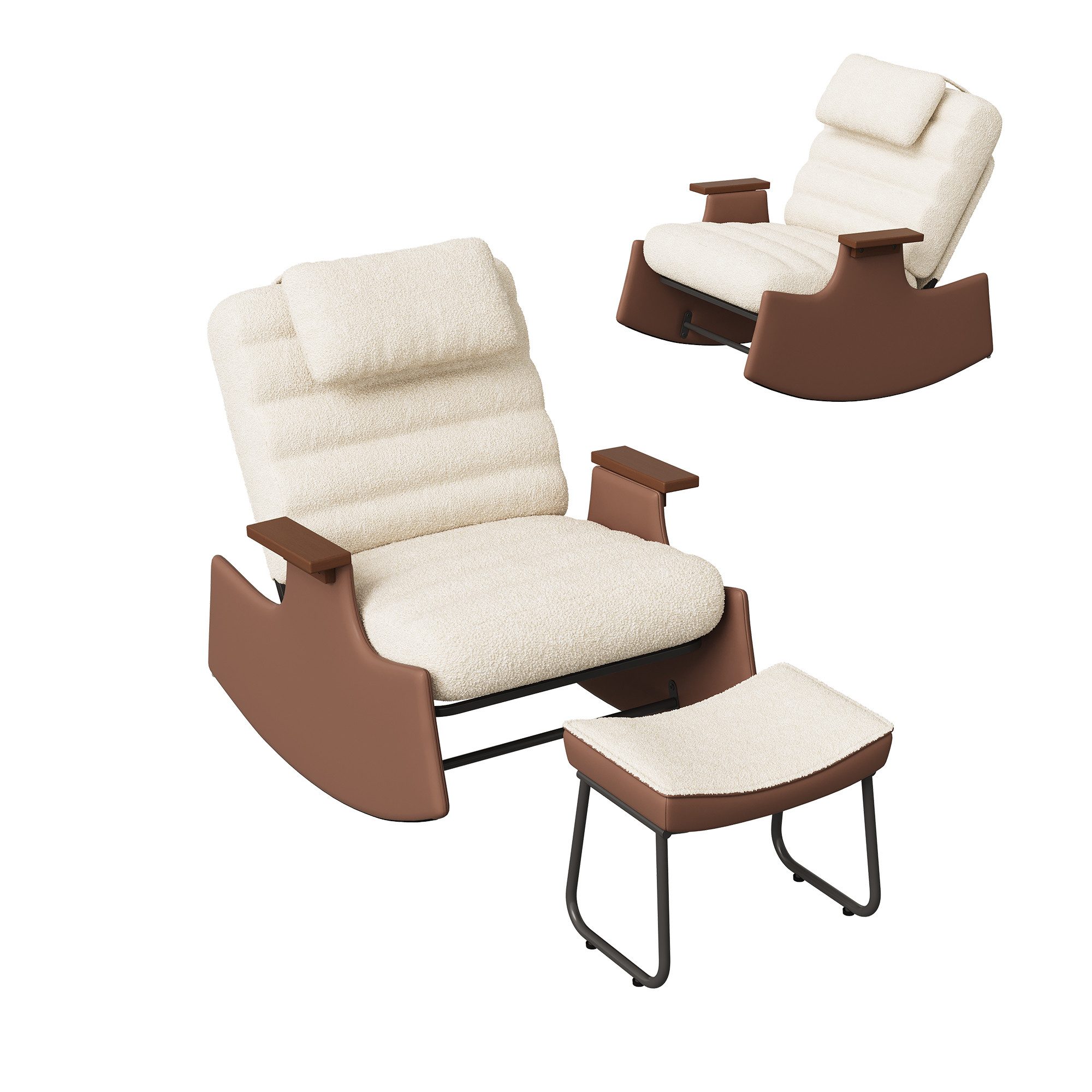 FUROKOY Schaukelstuhl Relaxsessel 3-stufia verstellbare Rückenlehne (Set, 1 St), Wohnzimmersessel mit Armlehnen und Hocker Teddystoff,Beige,62x52x81cm