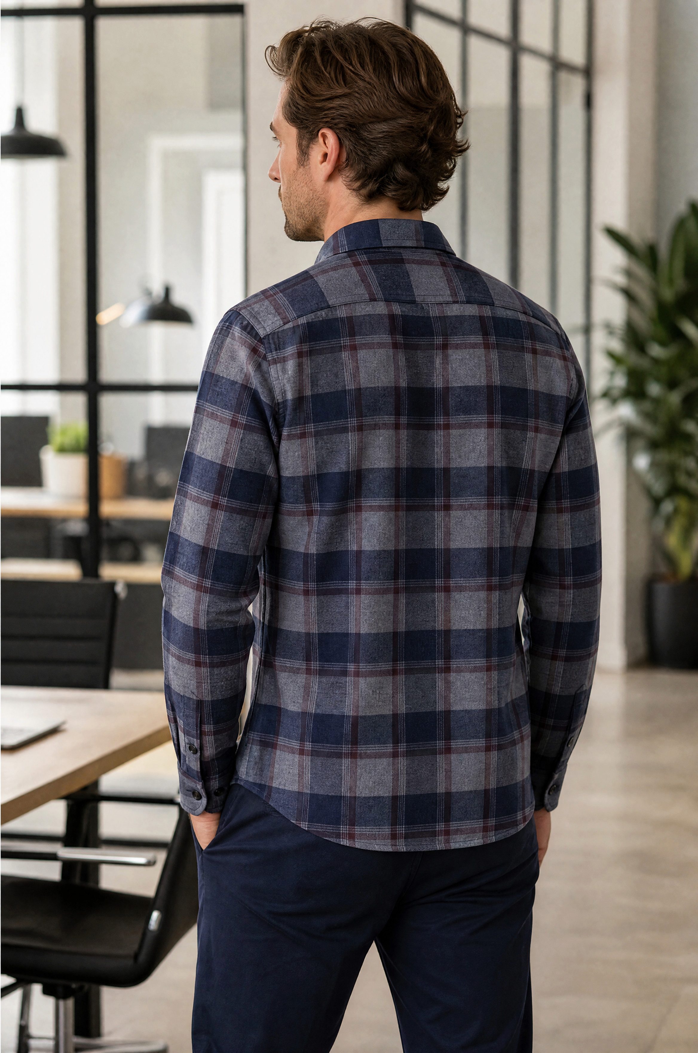 Haupt Langarmhemd Regular Fit Tall Flanell Langarm-Herrenhemd Blau Karo Frühling