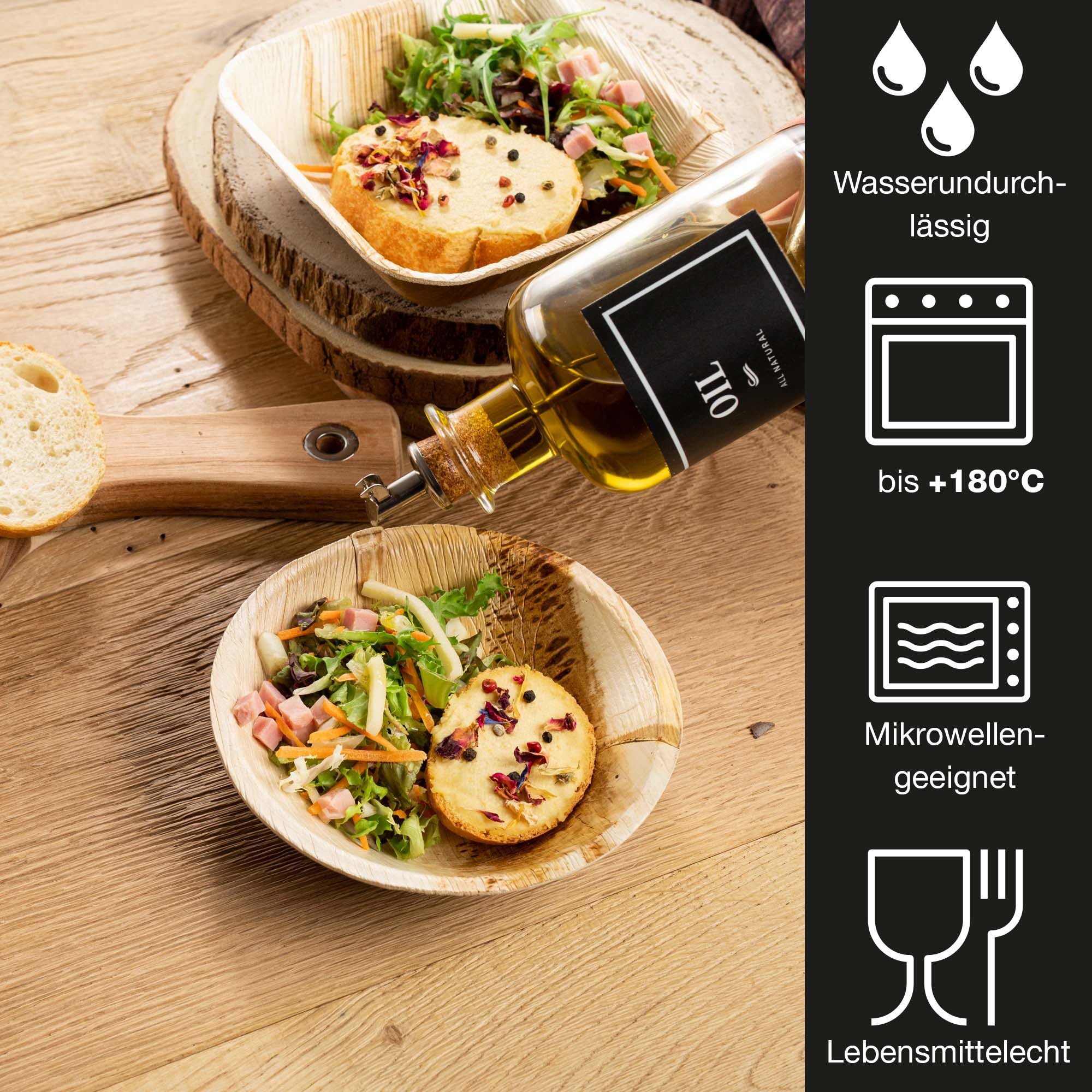 Moritz & Moritz Einweggeschirr-Set Moritz & Moritz 25x Palmblatt Schüssel Rund 15cm (25-tlg), 25 Personen, Palmblatt, Birkenholz, 25x25cm