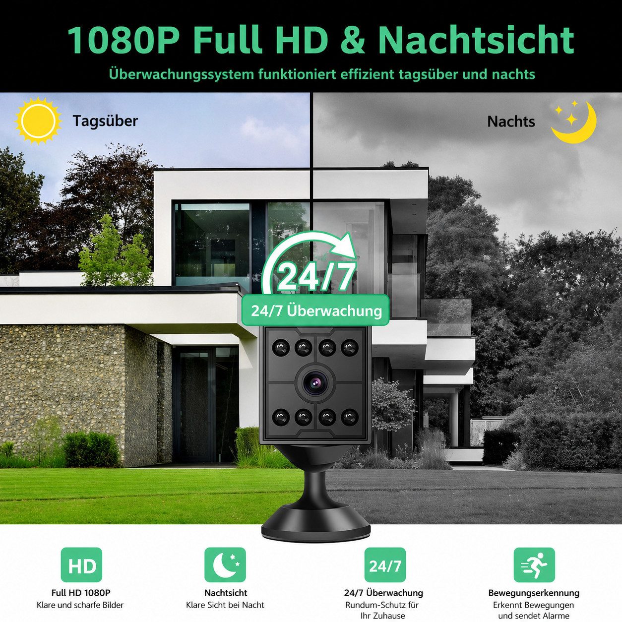 Toomoke Überwachungskamera Mini-Kamera mit 1080P Infrarot-Nachtsicht,1200mah,Haustierkamera (Überwachungskamera innen,Lange Standby WiFi Kamera, Babykamera,für zu Hause, im Innenbereich und im Büro, 1-tlg.,Intelligente Erkennung, Bewegungserkennung & Cloud-Speicher)