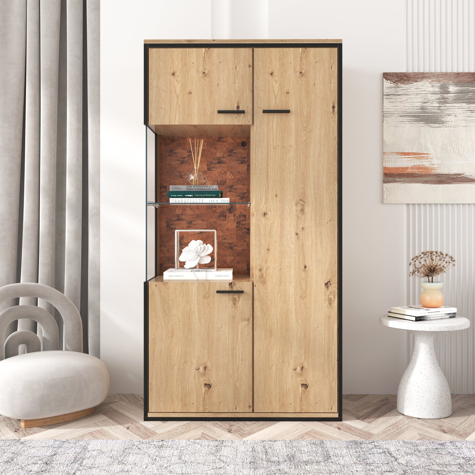 Standvitrine (mit LED-Beleuchtung, 3 Türen und Glasablage) Vitrinenschrank mit vertstellbaren Einlegeböden, 78x40x150cm