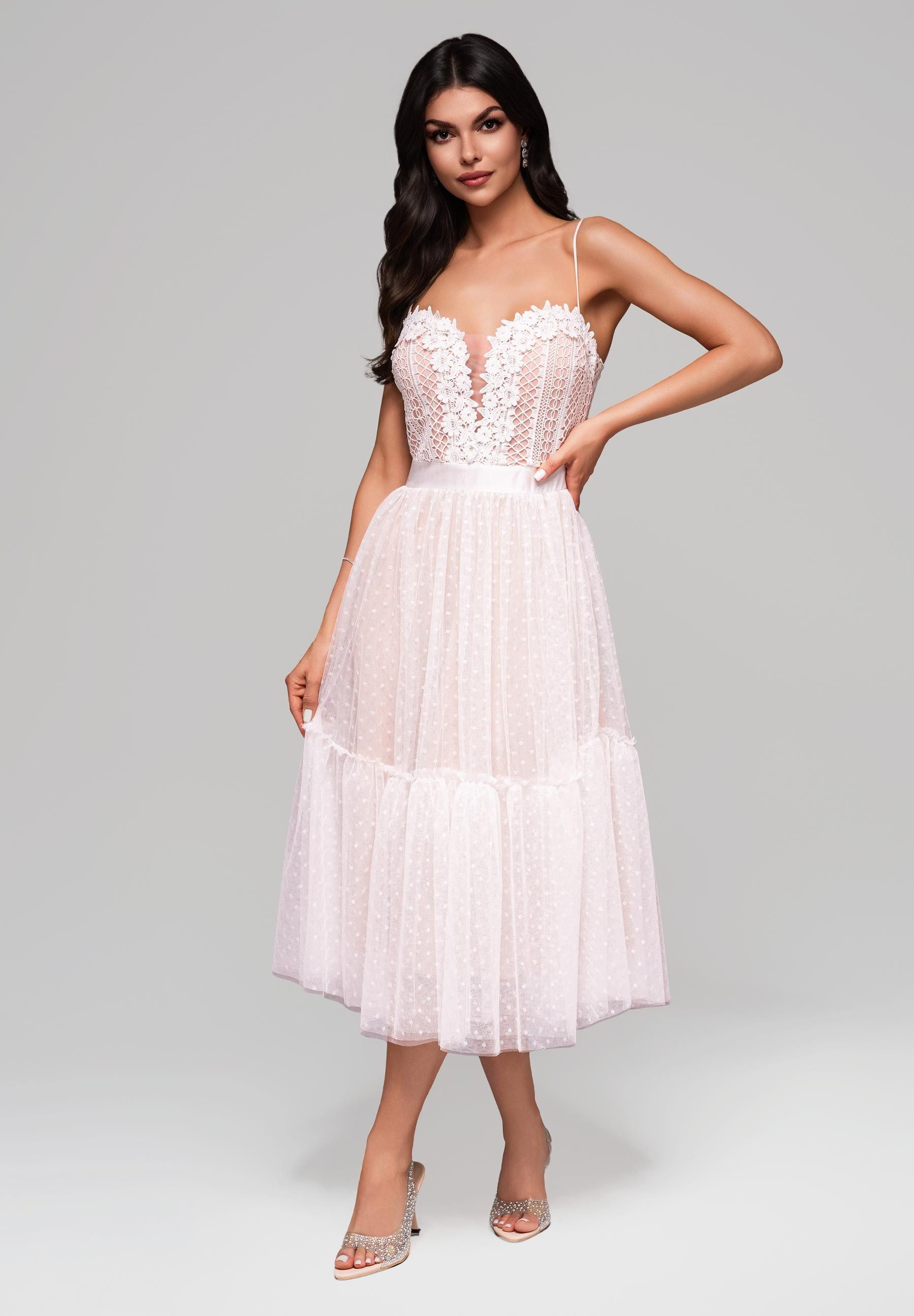 OMBRE Abendkleid Midikleid mit Spitze und Tüllrock Satinband in der Taille zur Akzentuierung der Silhouette – Bild 3 von 5