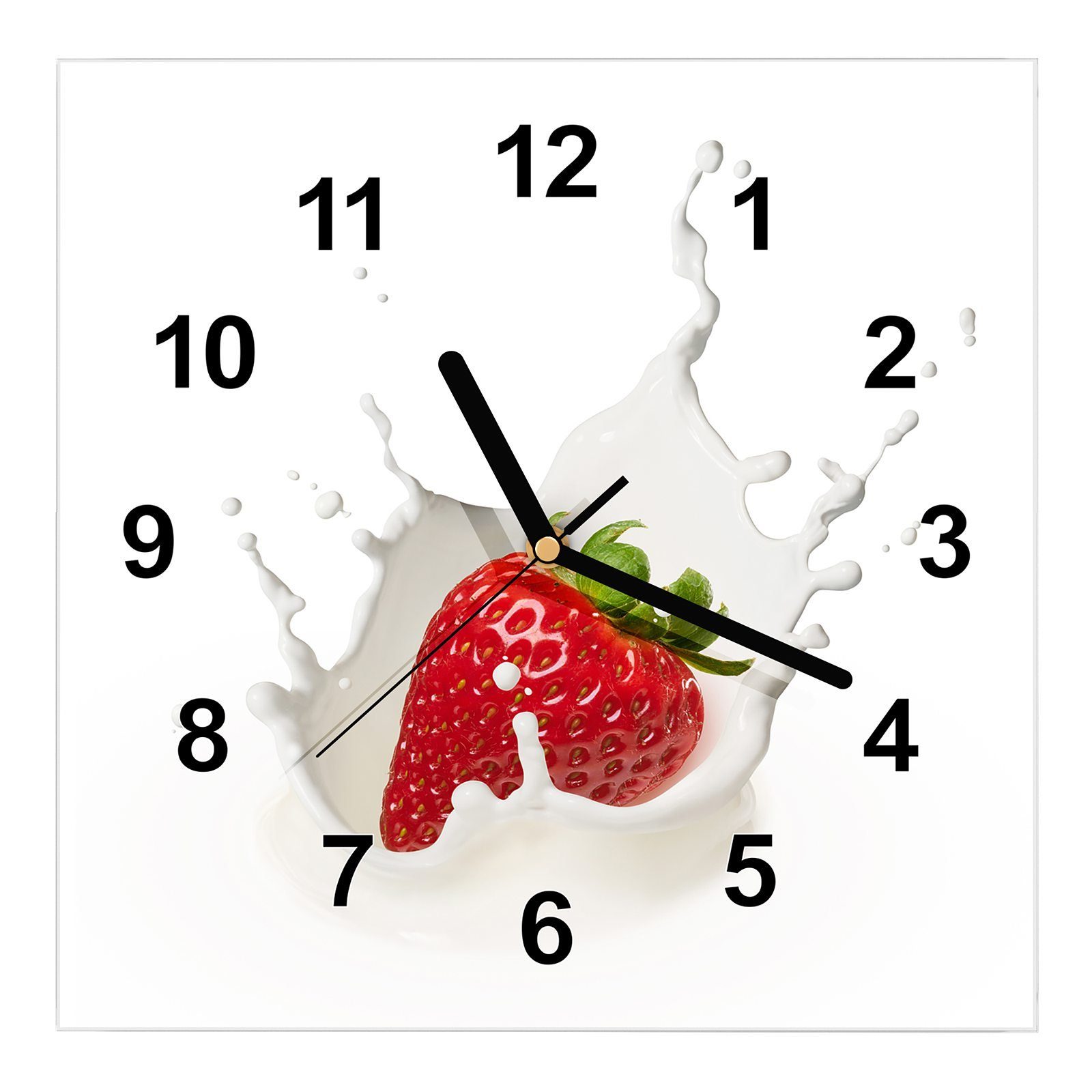 Erdbeere mit Wanduhr Primedeco 30 Motiv Wanduhr in x Größe Wandkunst Glasuhr cm 30 fällt Milch