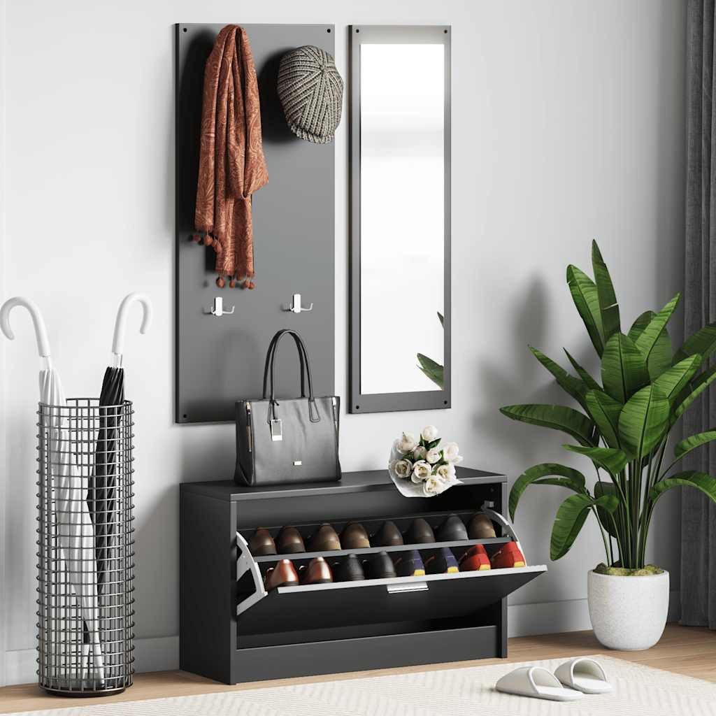 furnicato Garderoben-Set Flurmöbel-Set Schuhschrank Garderobe Spiegel Schwarz, (1-St), Garderobenset mit 4 Kleiderhaken und großem Aufbewahrungsfach