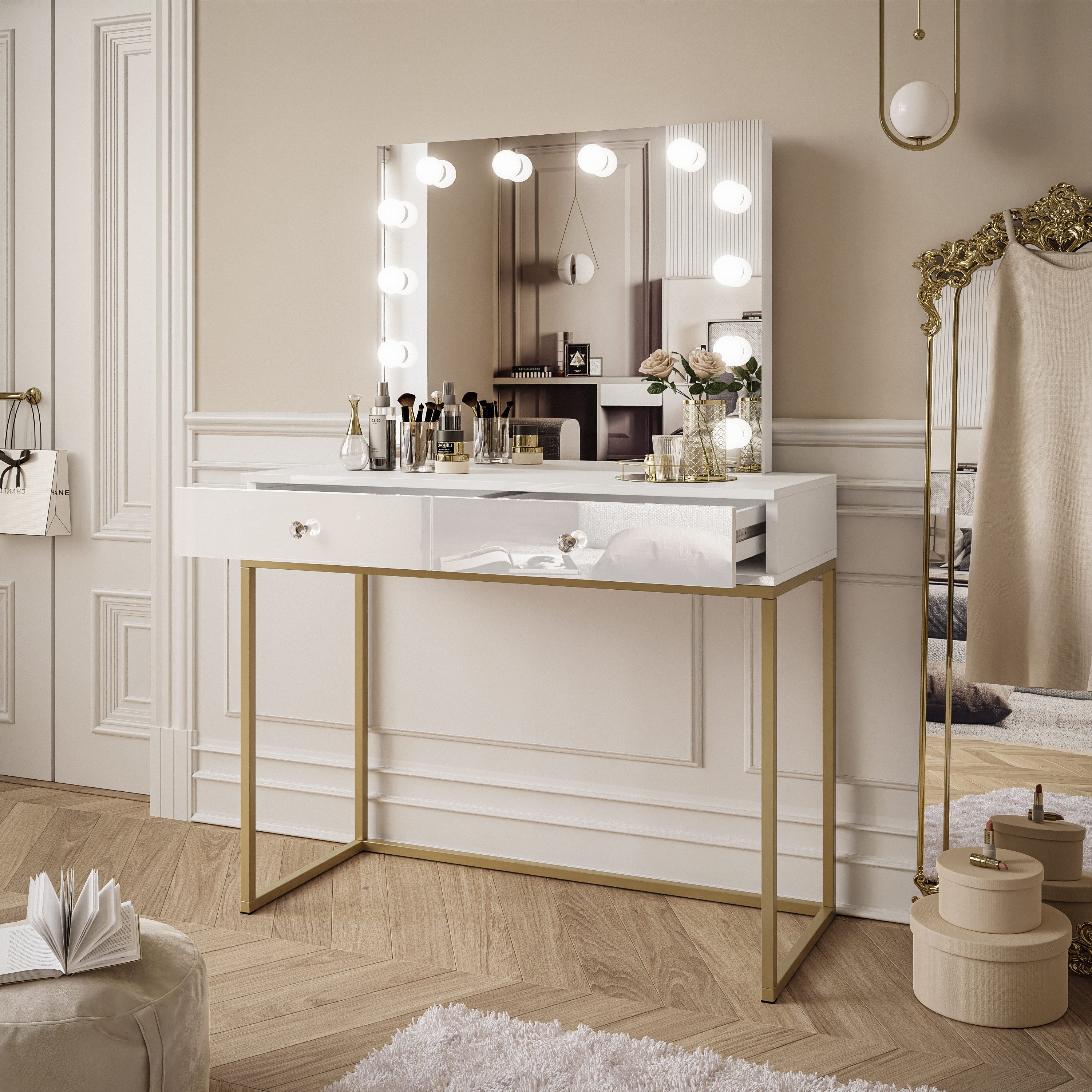Lookway Schminktisch BLANCO GOLD ELITE mit Spiegel und Beleuchtung