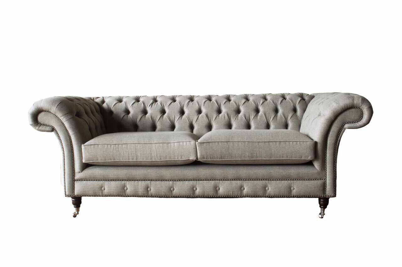 230cm Europe Englische Sofa Samt Chesterfield Möbel Made Büro JVmoebel Grau, Dreisitz Sofa Couch In